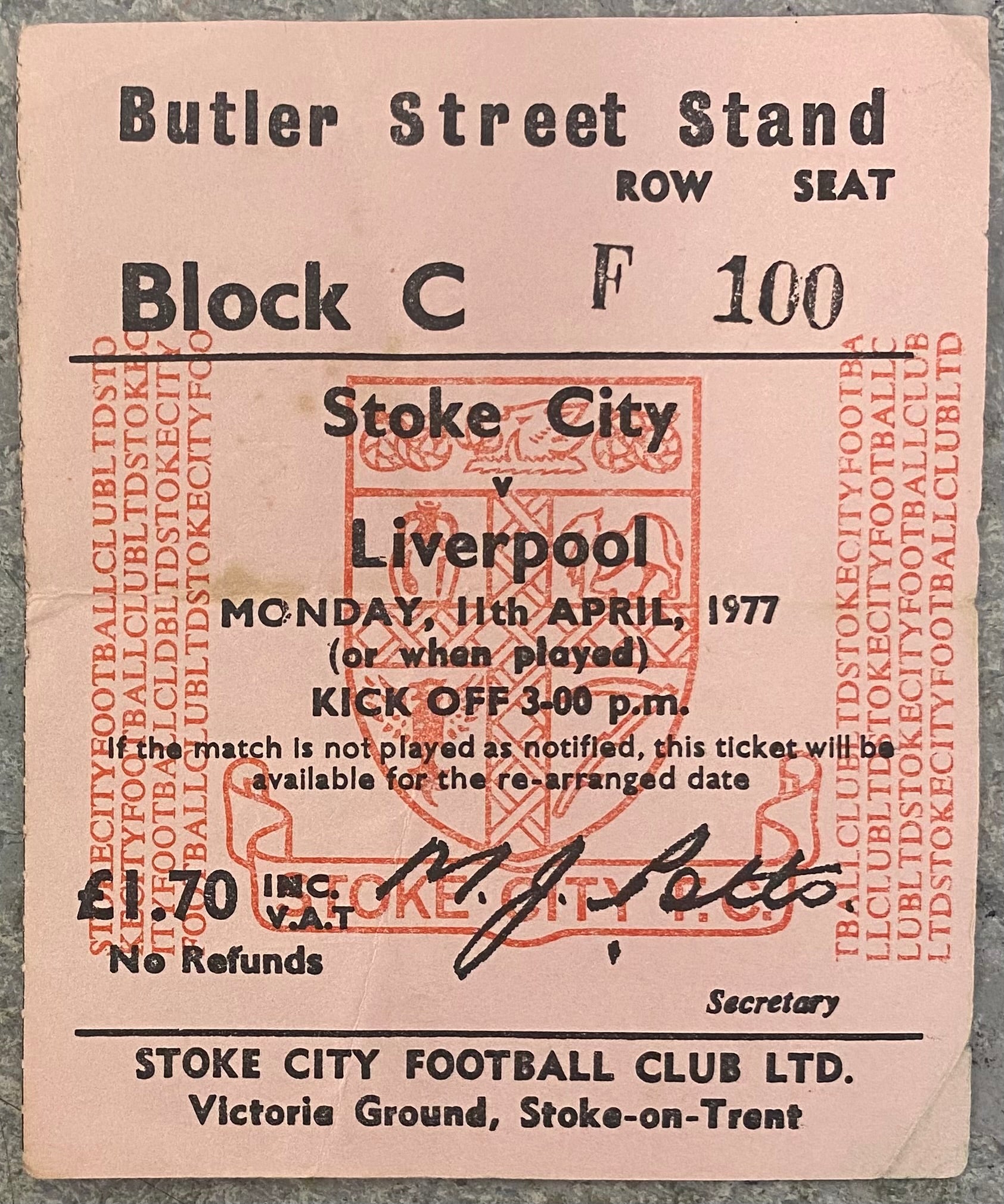 1976/77 ORIGINAL DIVISION ONE TICKET STOKE CITY V LIVERPOOL