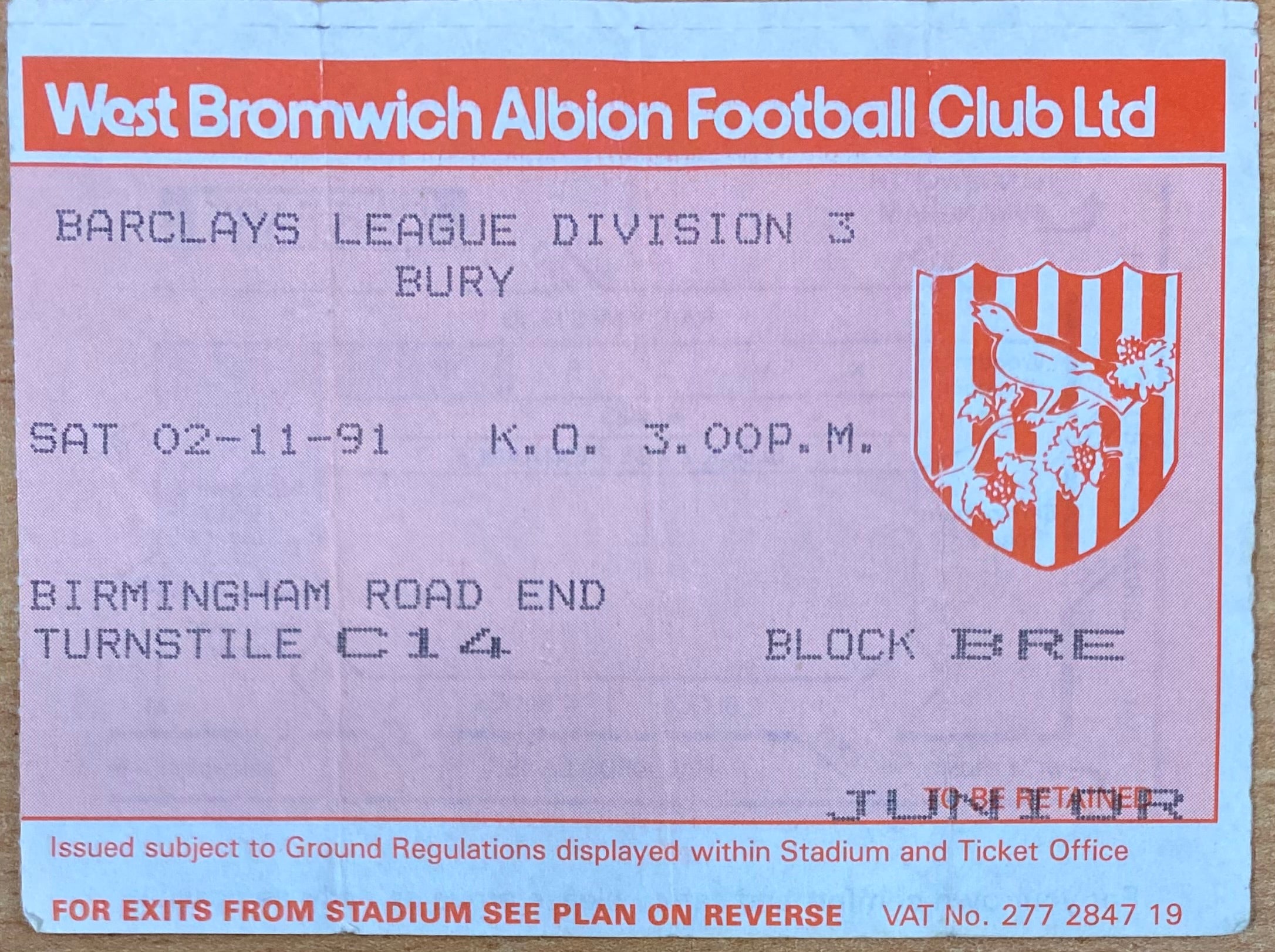 1991/92 ORIGINAL DIVISION 3 TICKET WEST BROMWICH ALBION V BURY