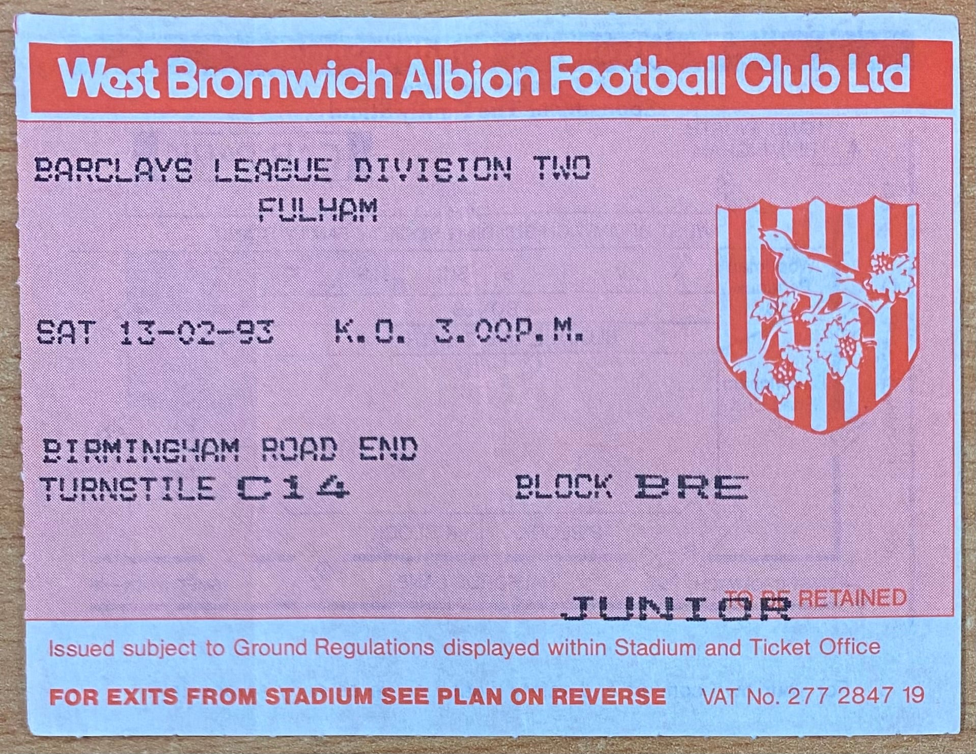 1992/93 ORIGINAL DIVISION 2 TICKET WEST BROMWICH ALBION V FULHAM
