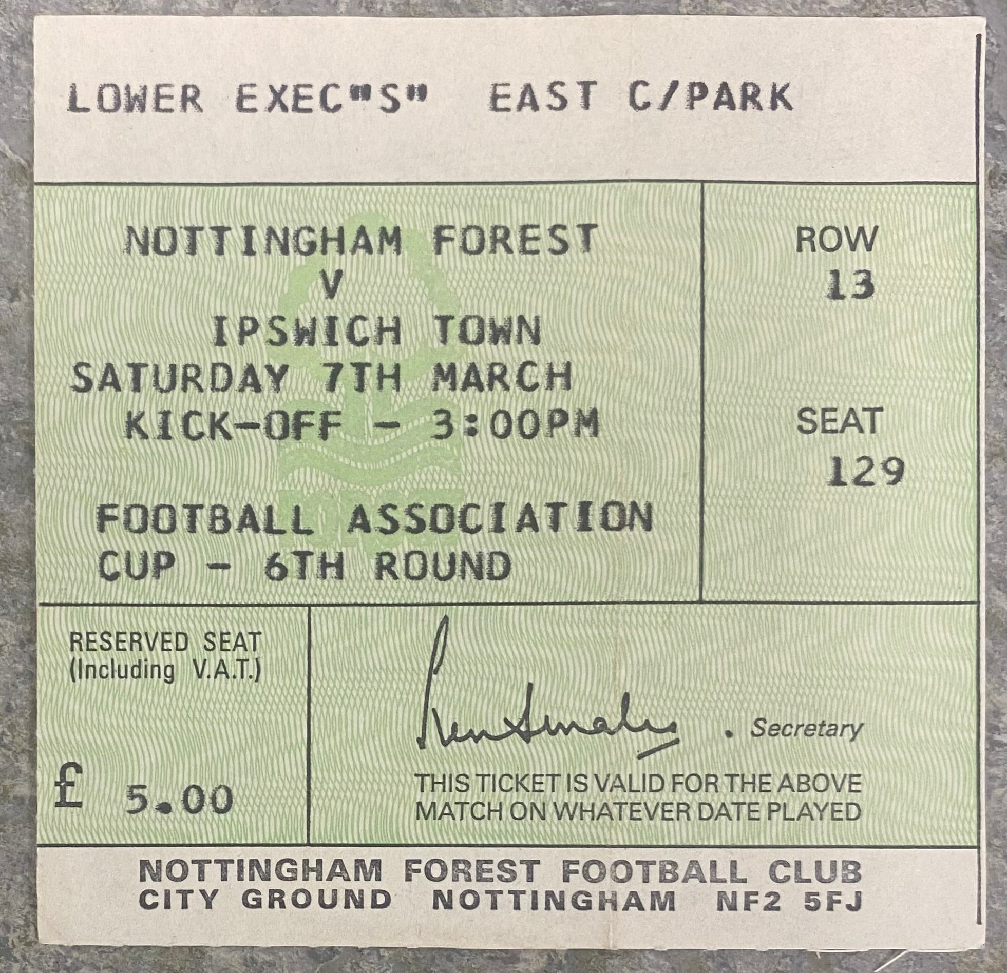 1980/81 ORIGINAL FA CUP 6TH ROUND TICKET NOTTINGHAM FOREST V IPSWICH TOWN