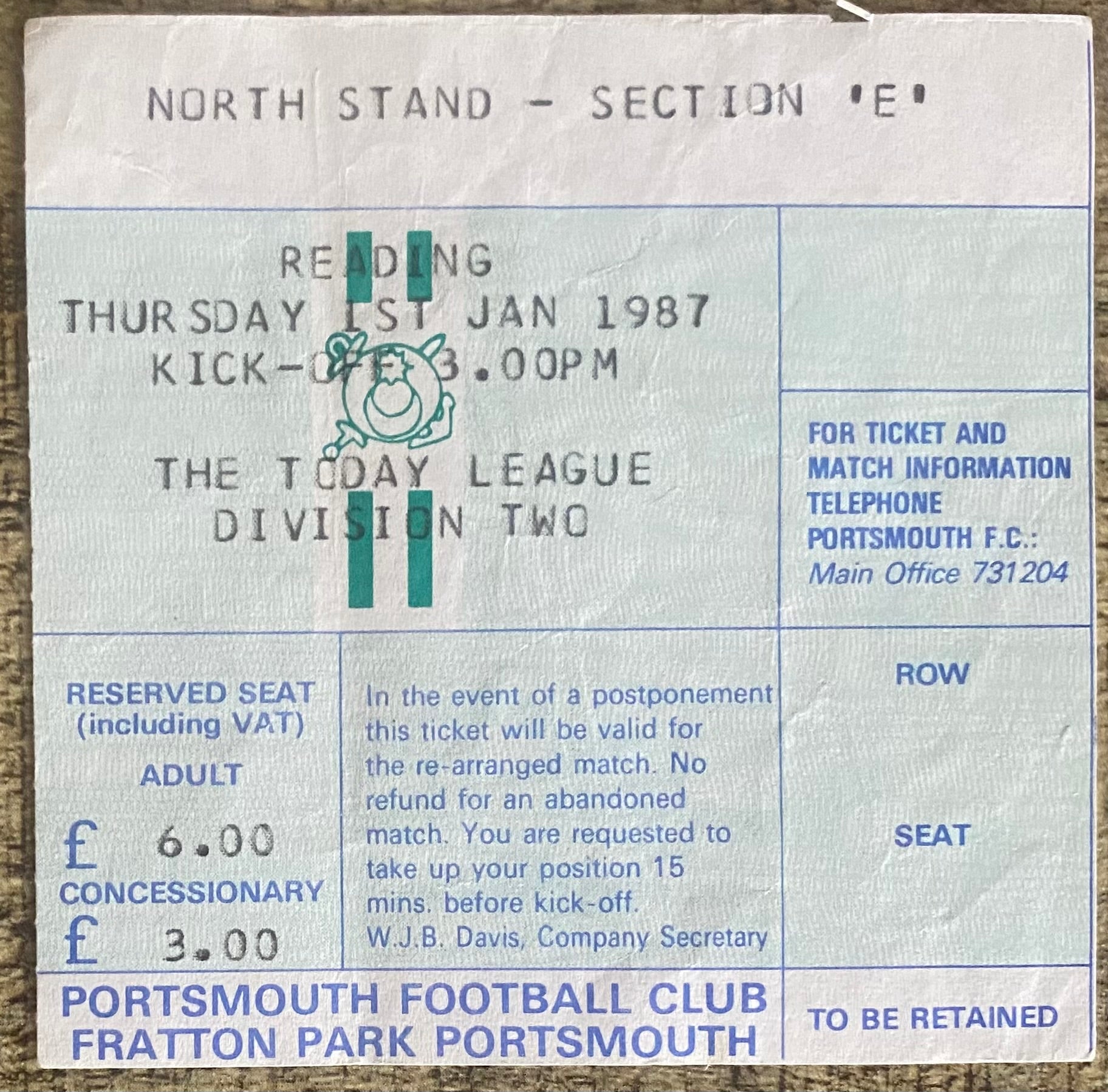 1986/87 ORIGINAL DIVISION 2 TICKET PORTSMOUTH V READING