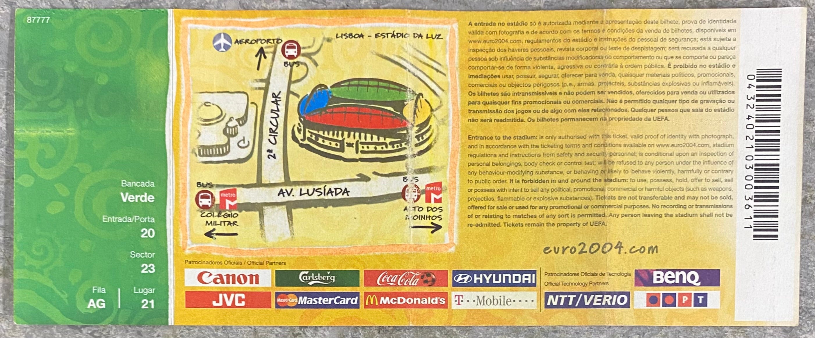 2004 ORIGINAL EUROPEAN CHAMPIONSHIPS UNUSED TICKET ENGLAND V FRANCE @ LISBON