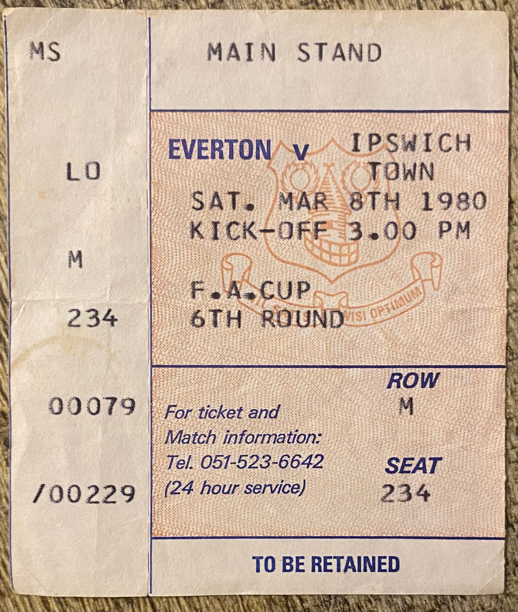 1979/80 ORIGINAL FA CUP 6TH ROUND TICKET EVERTON V IPSWICH TOWN
