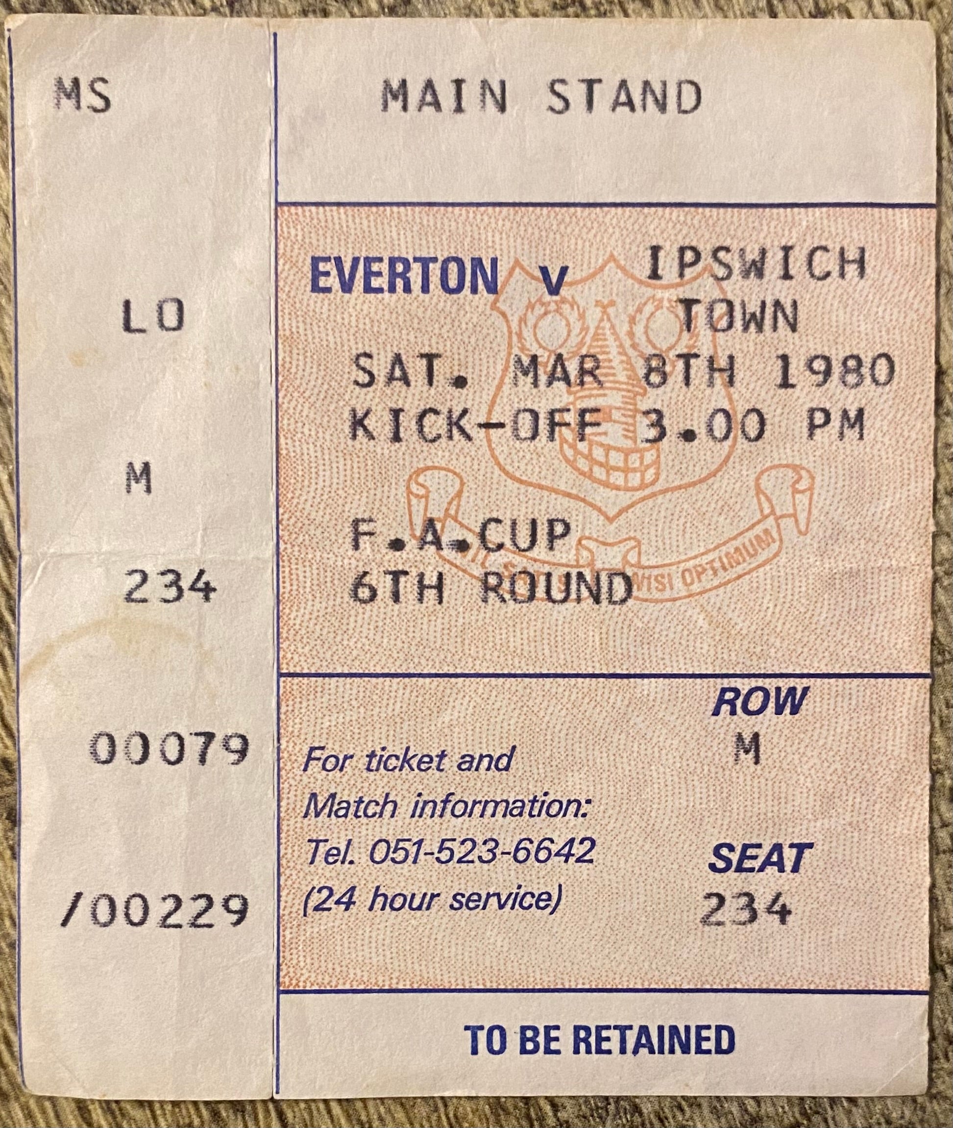 1979/80 ORIGINAL FA CUP 6TH ROUND TICKET EVERTON V IPSWICH TOWN