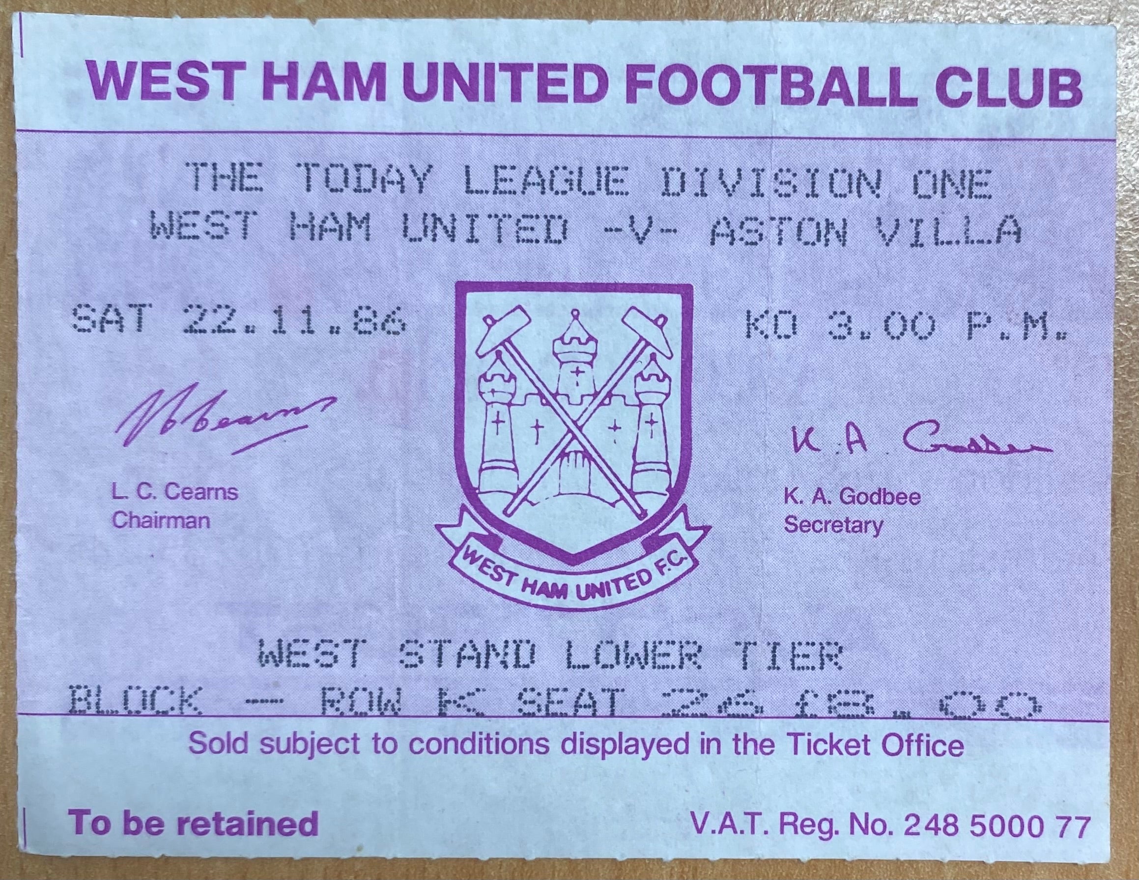 1986/87 ORIGINAL DIVISION 1 TICKET WEST HAM UNITED V ASTON VILLA