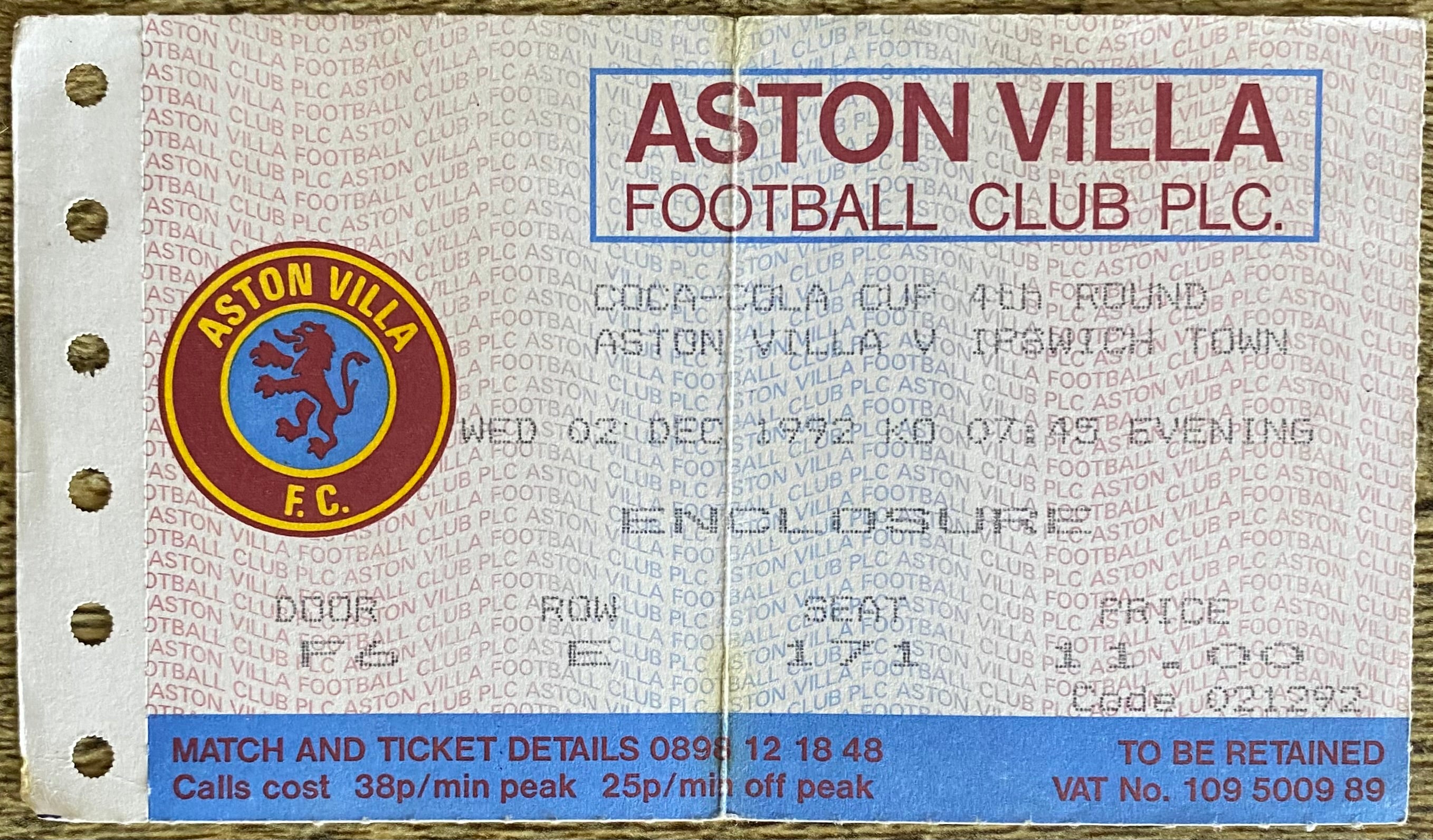 1992/93 ORIGINAL COCA COLA 4TH ROUND TICKET ASTON VILLA V IPSWICH TOWN