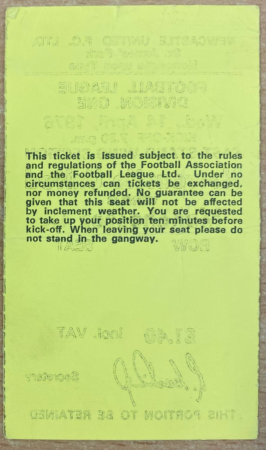 1975/76 ORIGINAL DIVISION 1 TICKET NEWCASTLE UNITED V MANCHESTER CITY