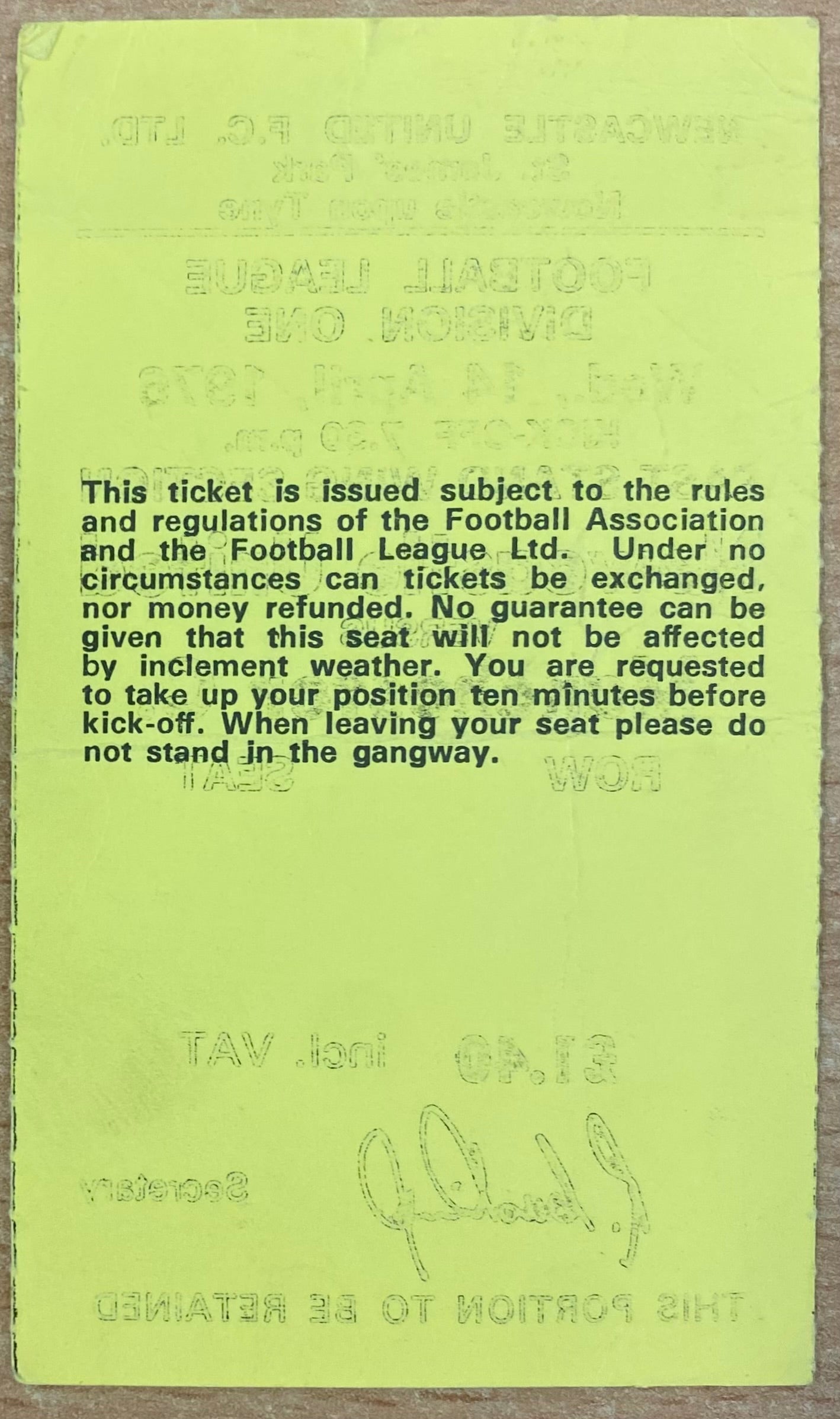 1975/76 ORIGINAL DIVISION 1 TICKET NEWCASTLE UNITED V MANCHESTER CITY