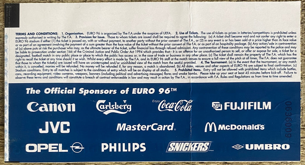 1996 ORIGINAL EUROPEAN CHAMPIONSHIPS EURO 96 THE FINAL TICKET CZECH REPUBLIC V GERMANY @ WEMBLEY