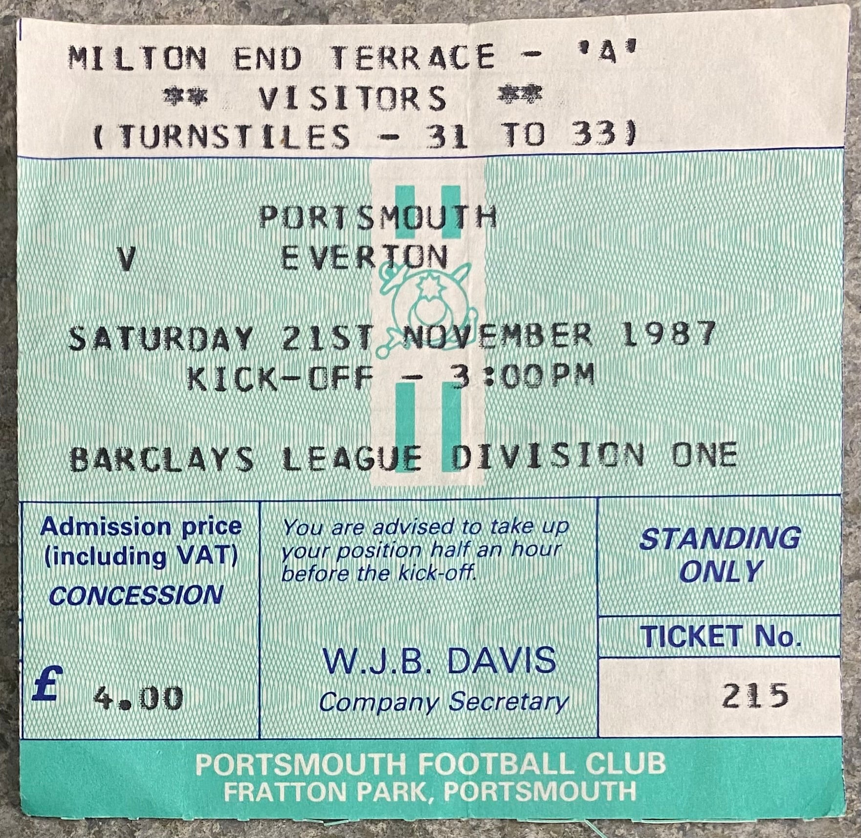 1987/88 ORIGINAL DIVISION 1 TICKET PORTSMOUTH V EVERTON