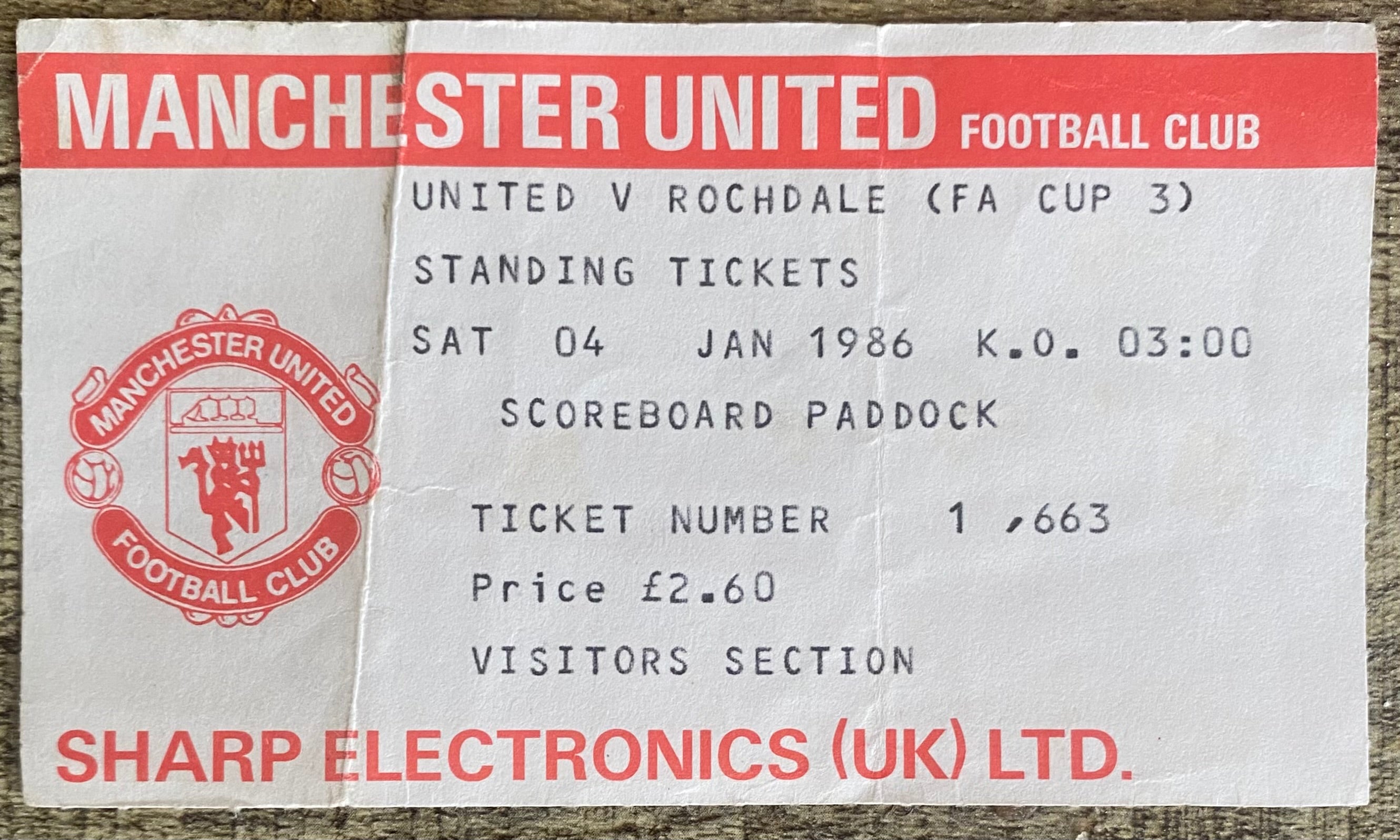 1985/86 ORIGINAL FA CUP 3RD ROUND TICKET MANCHESTER UNITED V ROCHDALE