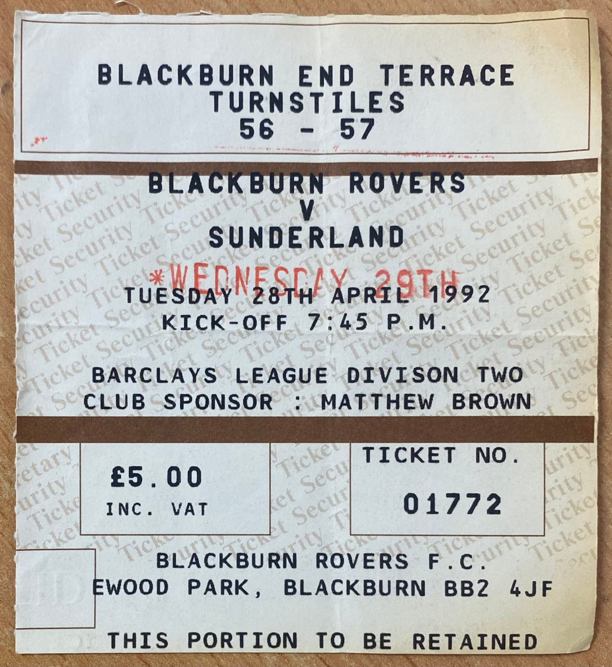 1991/92 ORIGINAL DIVISION 2 TICKET BLACKBURN ROVERS V SUNDERLAND