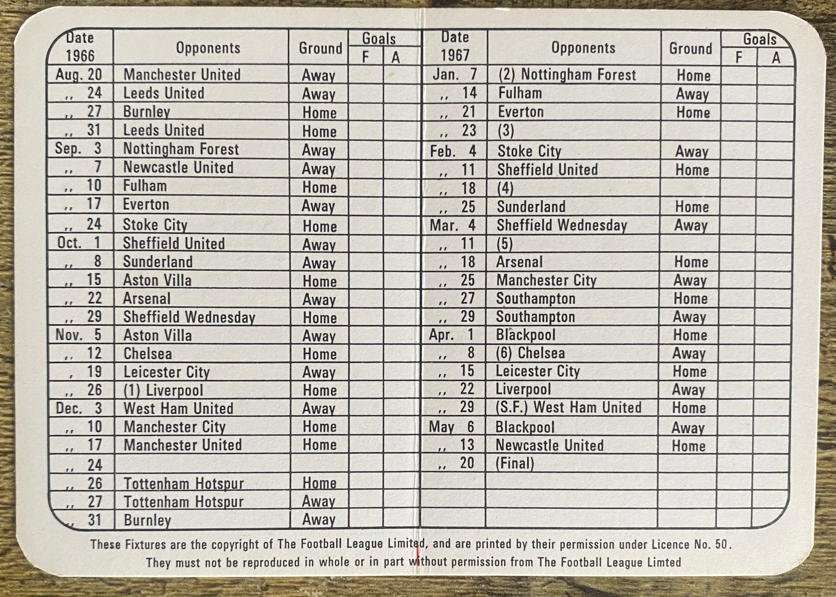 1966/67 ORIGINAL BRITISH EUROPEAN AIRWAYS FIXTURE LIST FOR WEST BROMWICH ALBION