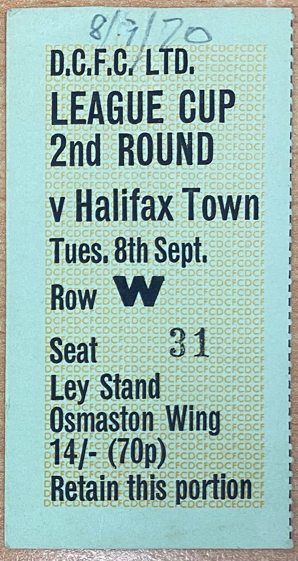 1970/71 ORIGINAL LEAGUE CUP 2ND ROUND TICKET DERBY COUNTY V HALIFAX TOWN