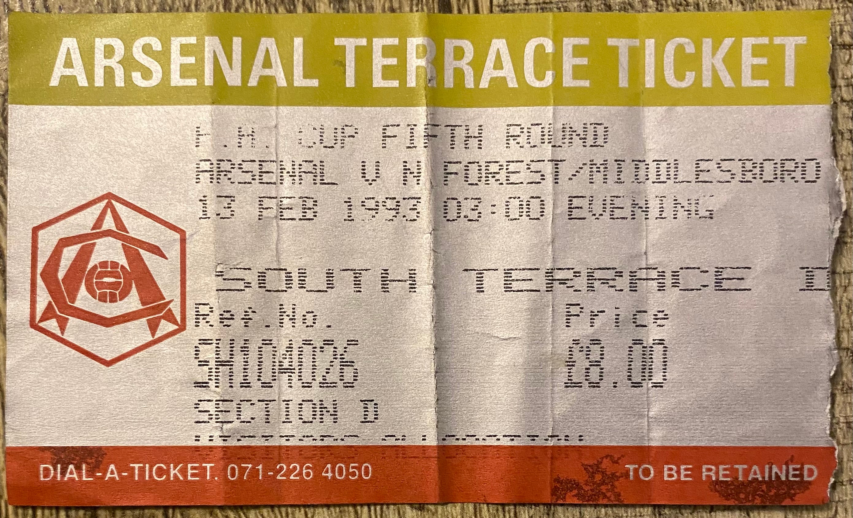 1992/93  ORIGINAL FA CUP 5TH ROUND TICKET ARSENAL V NOTTINGHAM FOREST