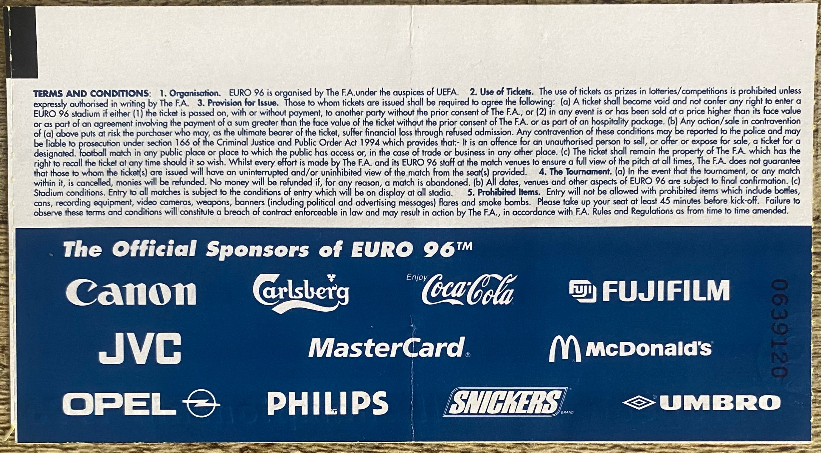 1996 ORIGINAL EUROPEAN CHAMPIONSHIPS EURO 96 TICKET ENGLAND V SCOTLAND @ WEMBLEY