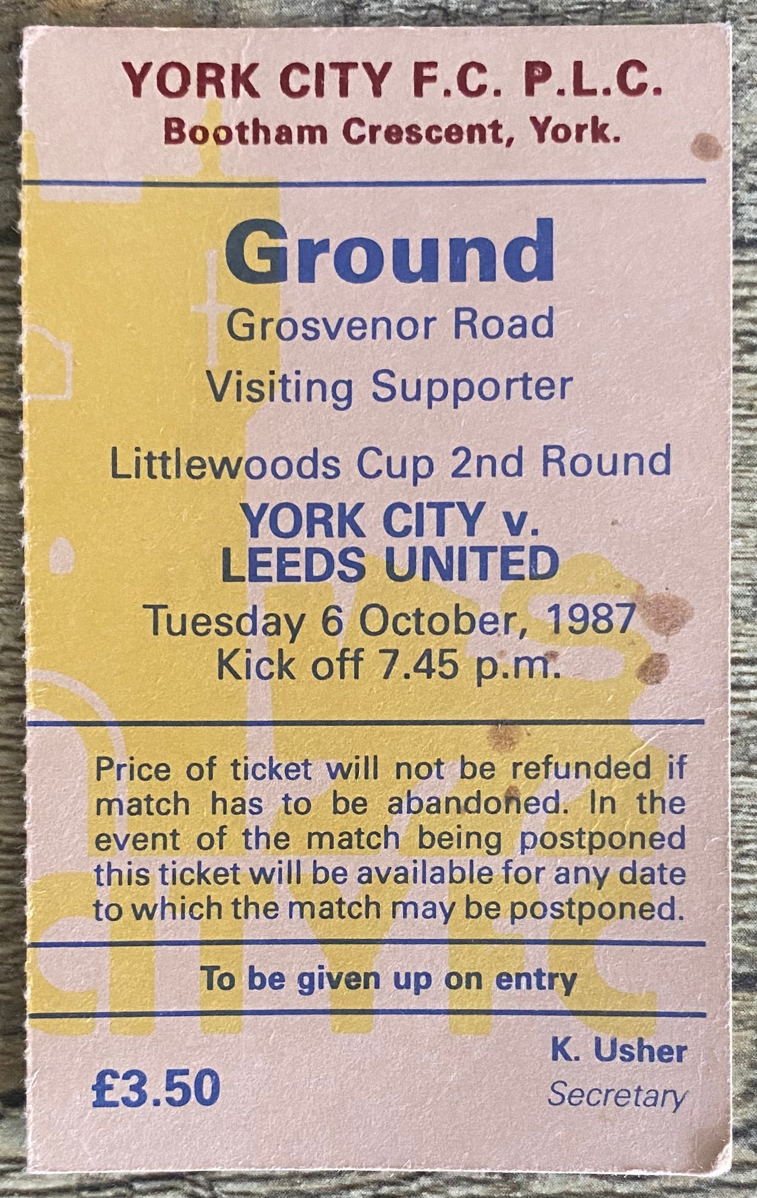 1987/88 ORIGINAL LITTLEWOODS CUP 2ND ROUND 2ND LEG TICKET YORK CITY V LEEDS UNITED
