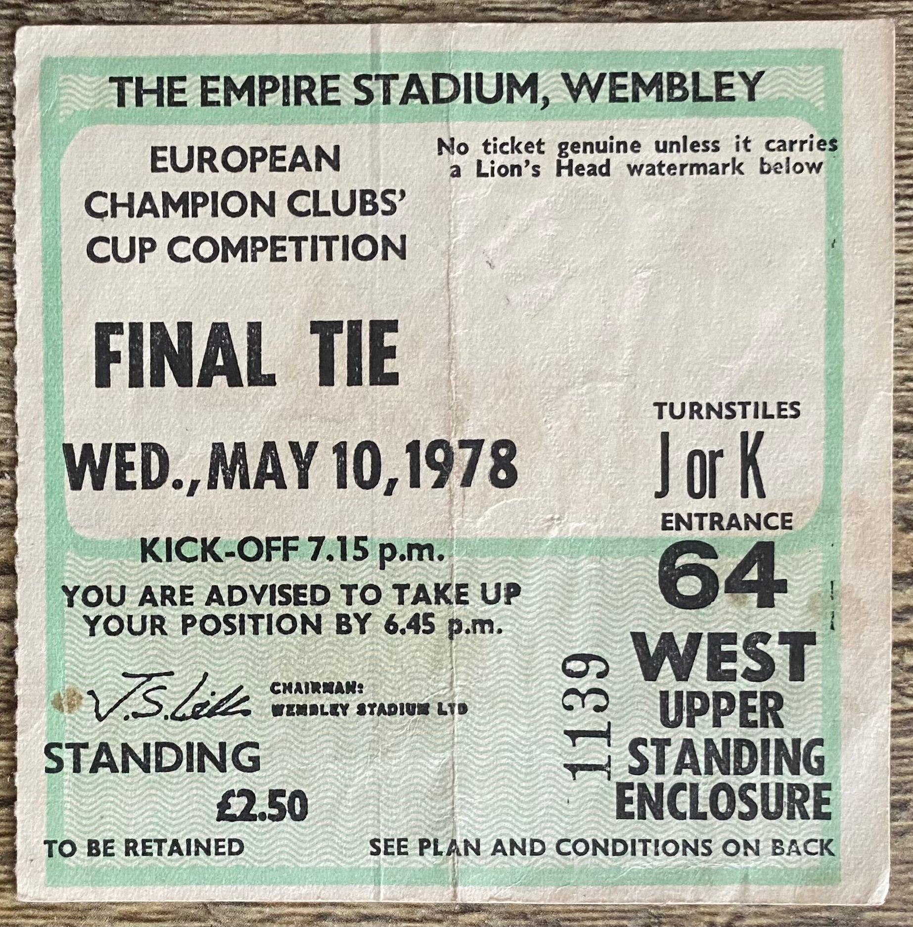 1978 ORIGINAL EUROPEAN CUP FINAL TICKET LIVERPOOL V FC BRUGES @ WEMBLEY