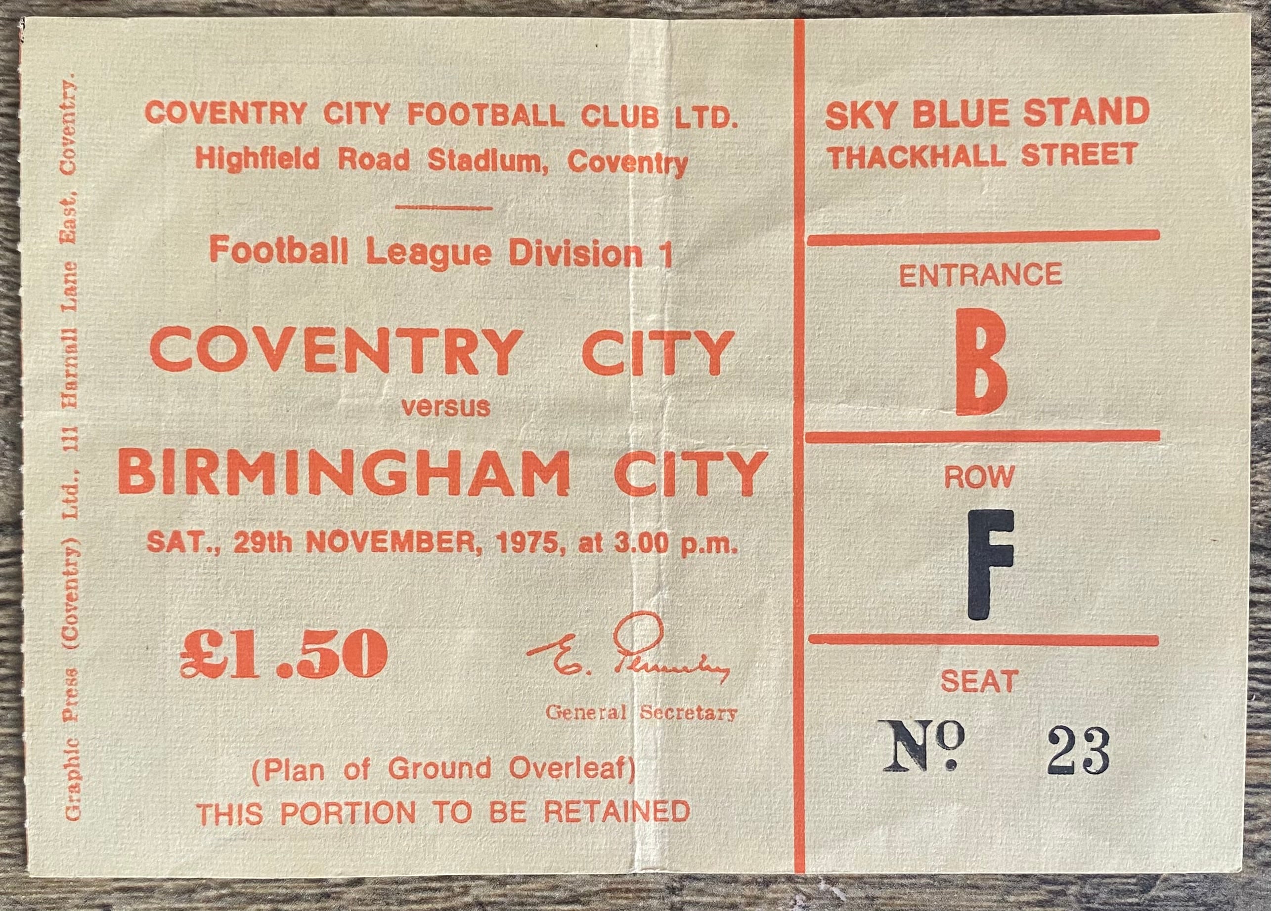 1975/76 ORIGINAL DIVISION 1 TICKET COVENTRY CITY V BIRMINGHAM CITY