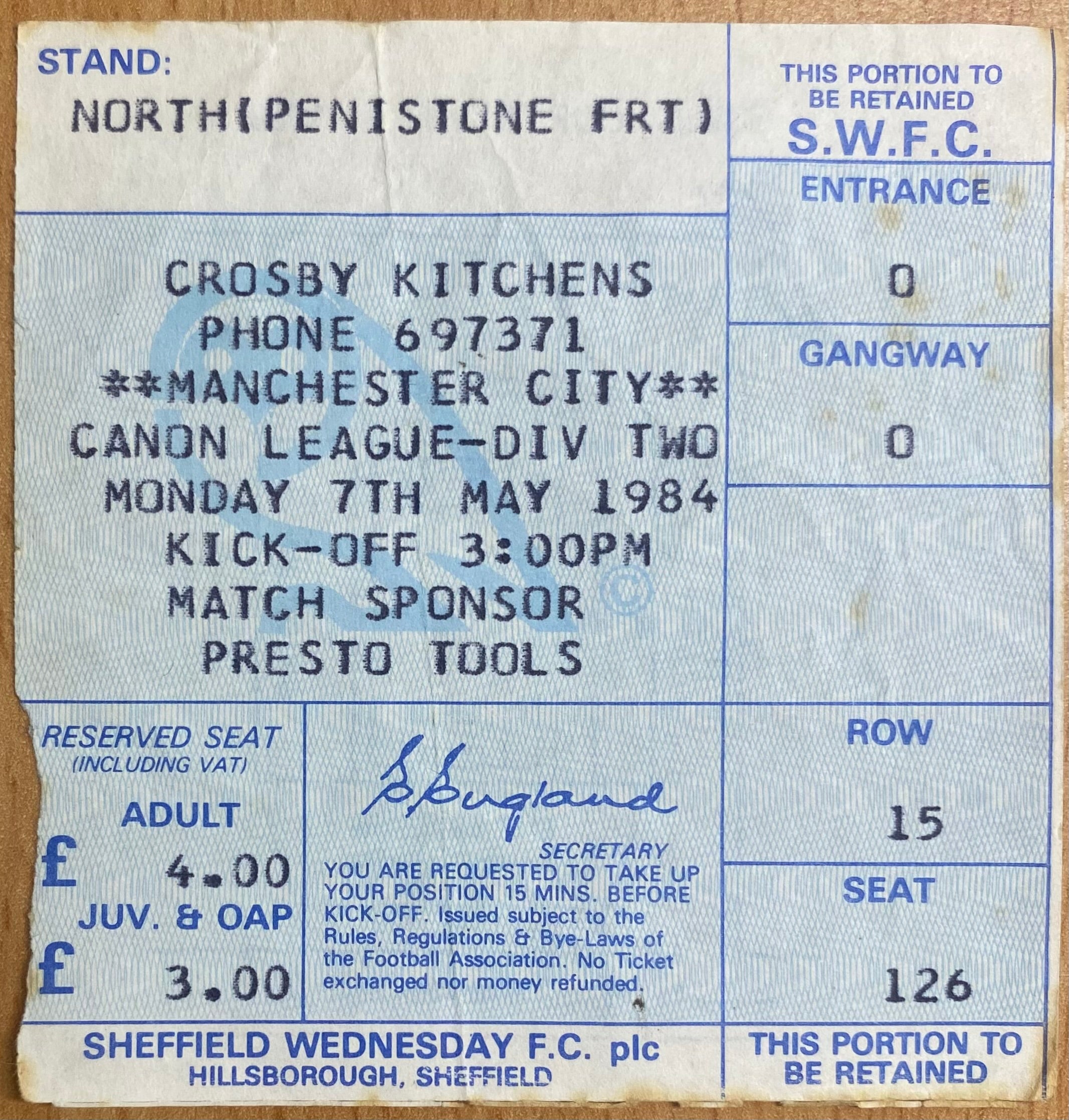 1983/84 ORIGINAL DIVISION 2 TICKET SHEFFIELD WEDNESDAY V MANCHESTER CITY