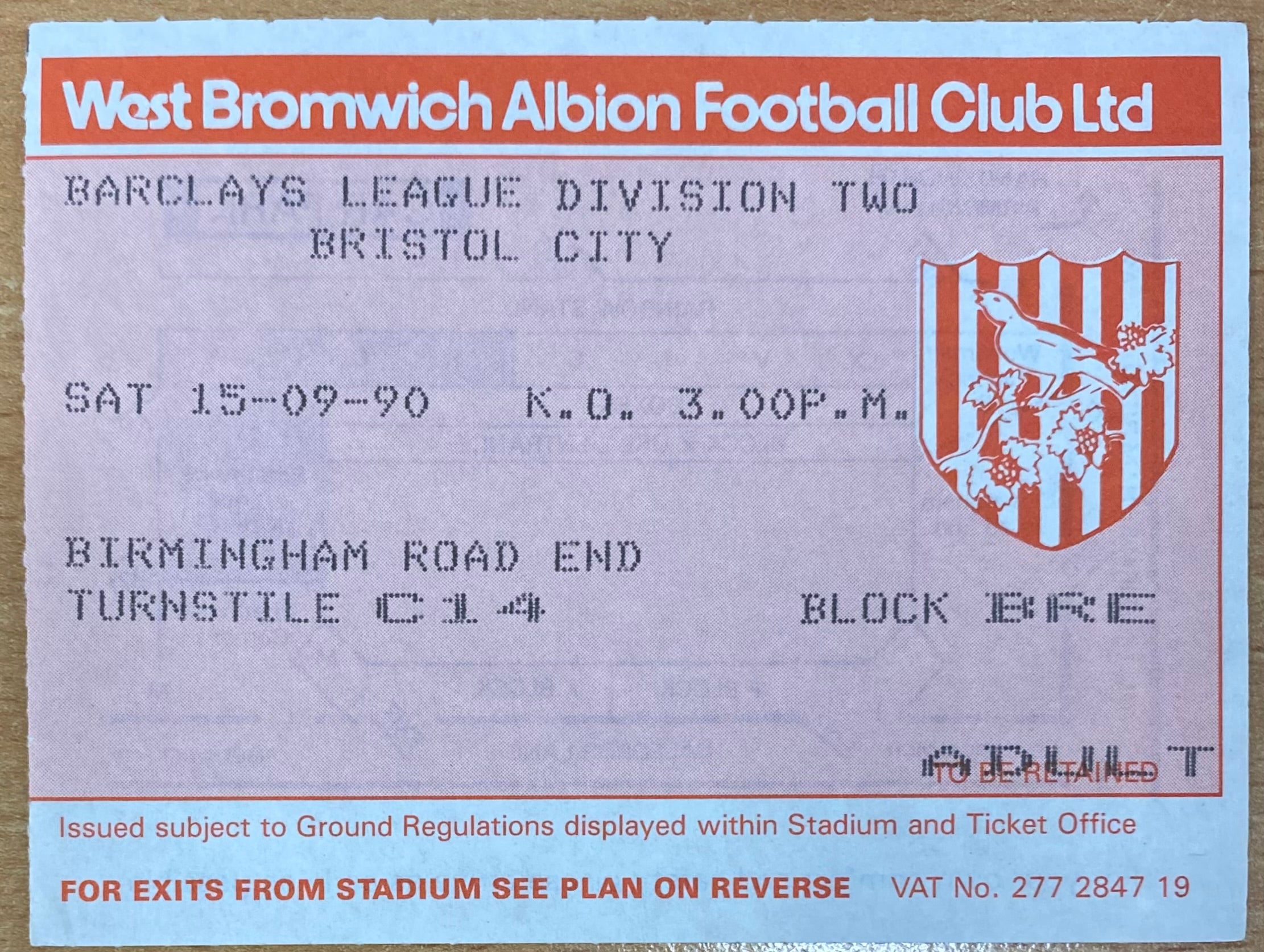 1990/91 ORIGINAL DIVISION 2 TICKET WEST BROMWICH ALBION V BRISTOL CITY