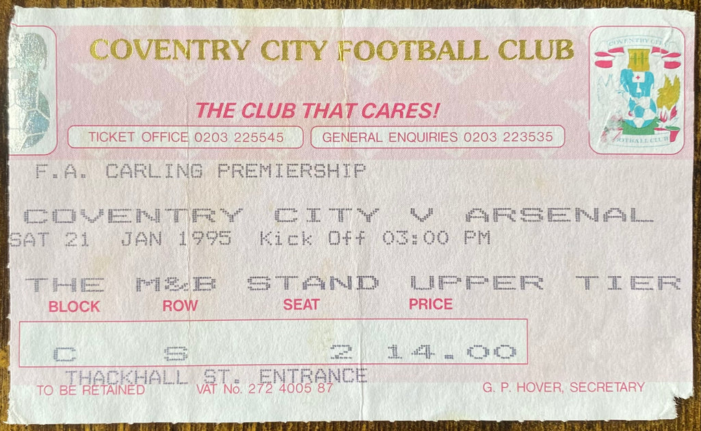 1994/95 ORIGINAL FA PREMIERSHIP TICKET COVENTRY CITY V ARSENAL
