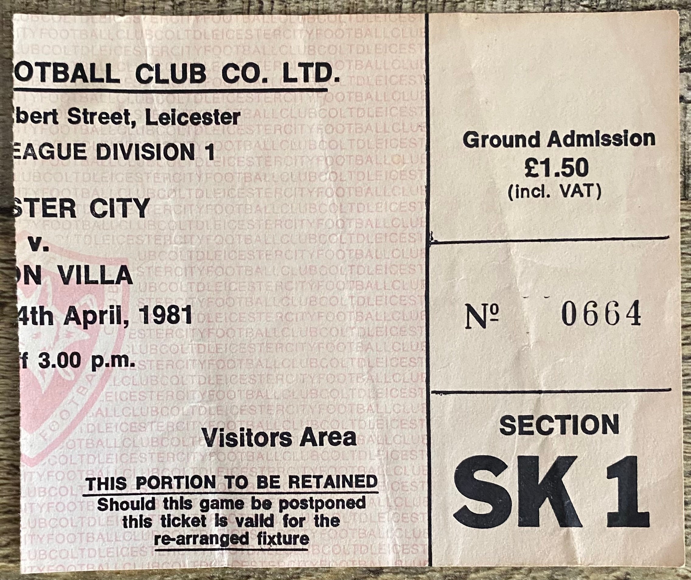1980/81 ORIGINAL DIVISION 1 TICKET LEICESTER CITY V ASTON VILLA