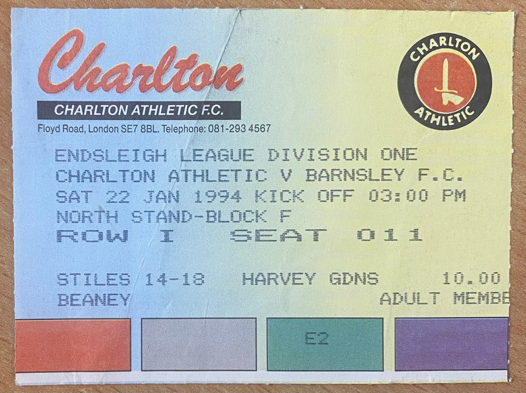 1993/94 ORIGINAL DIVISION 1 TICKET CHARLTON ATHLETIC V BARNSLEY