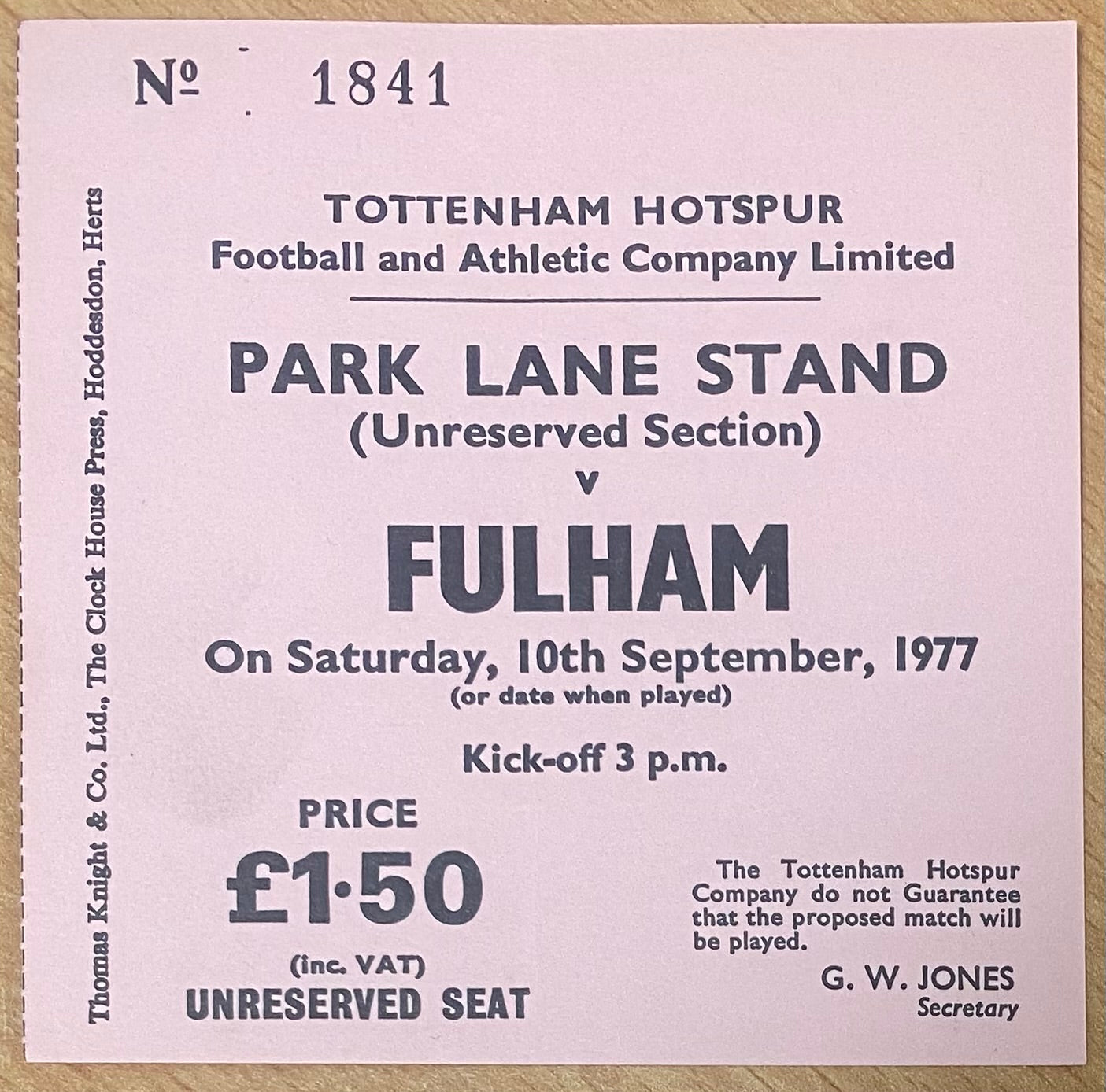 1977/78 ORIGINAL DIVISION TWO TICKET TOTTENHAM HOTSPUR V FULHAM