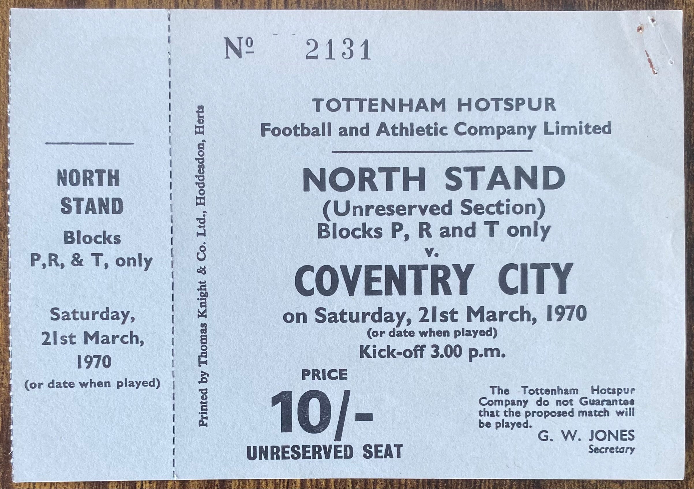 1969/70 ORIGINAL DIVISION ONE UNUSED TICKET TOTTENHAM HOTSPUR V COVENTRY CITY
