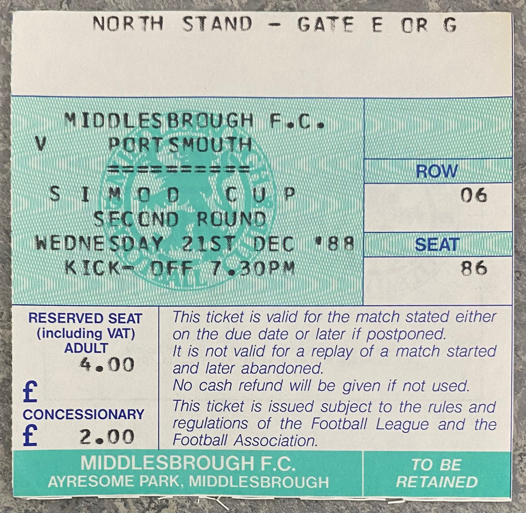 1988/89 ORIGINAL SIMOD CUP 2ND ROUND TICKET MIDDLESBROUGH V PORTSMOUTH