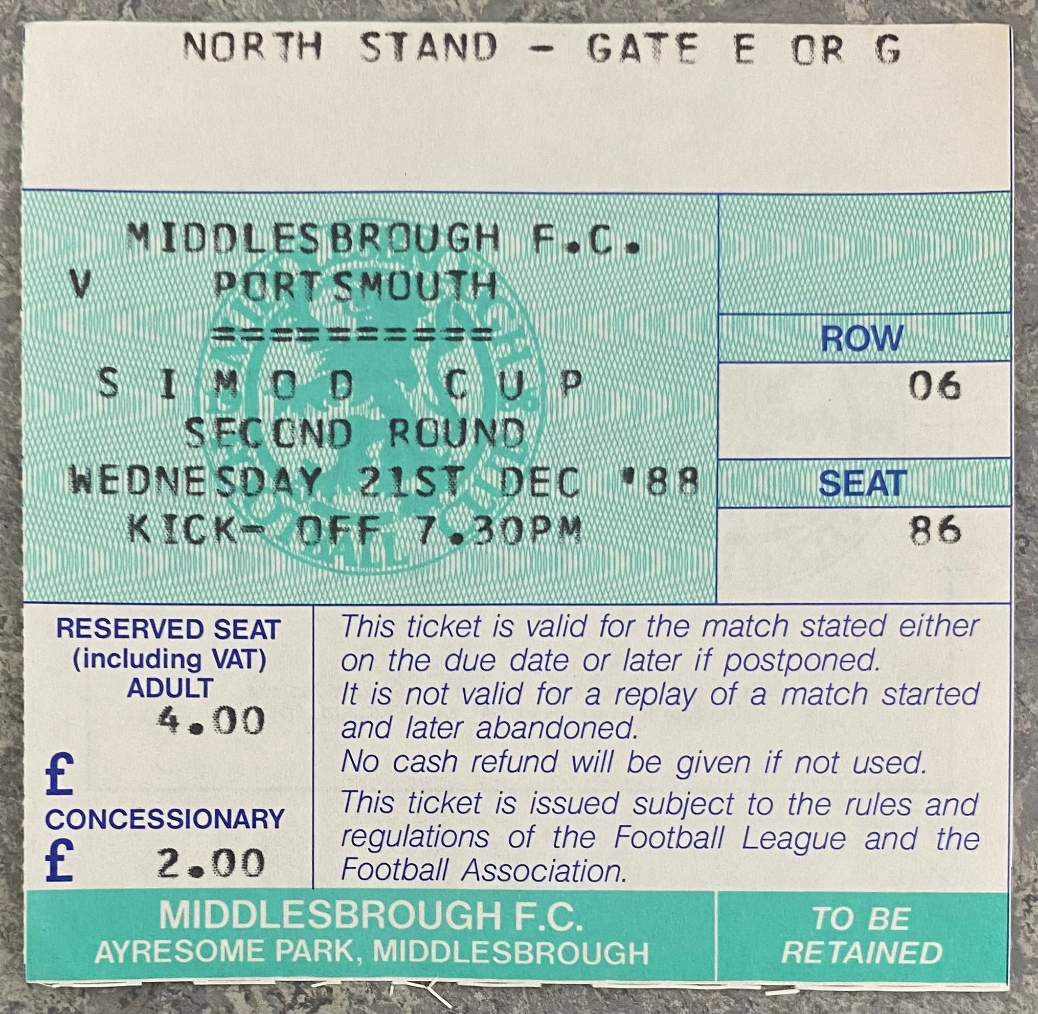 1988/89 ORIGINAL SIMOD CUP 2ND ROUND TICKET MIDDLESBROUGH V PORTSMOUTH