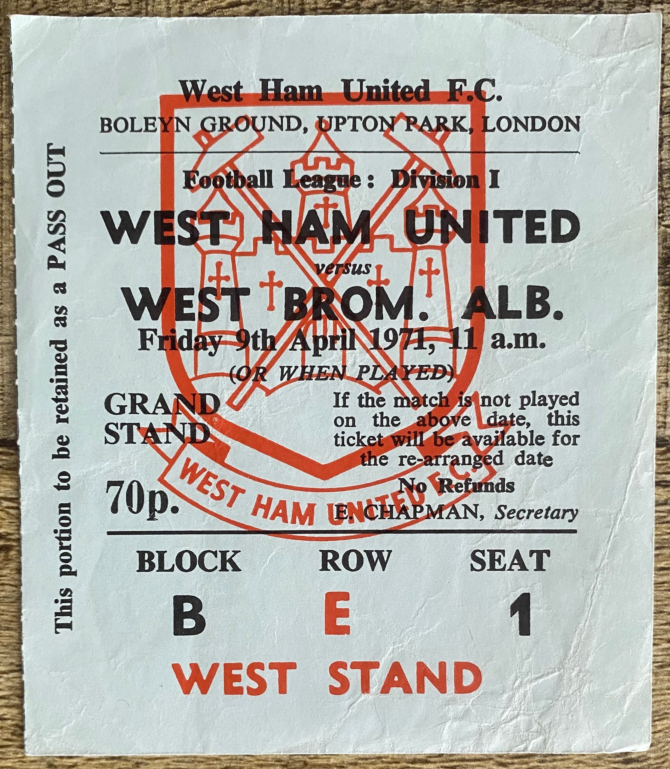 1970/71 ORIGINAL DIVISION 1 TICKET WEST HAM UNITED V WEST BROMWICH ALBION