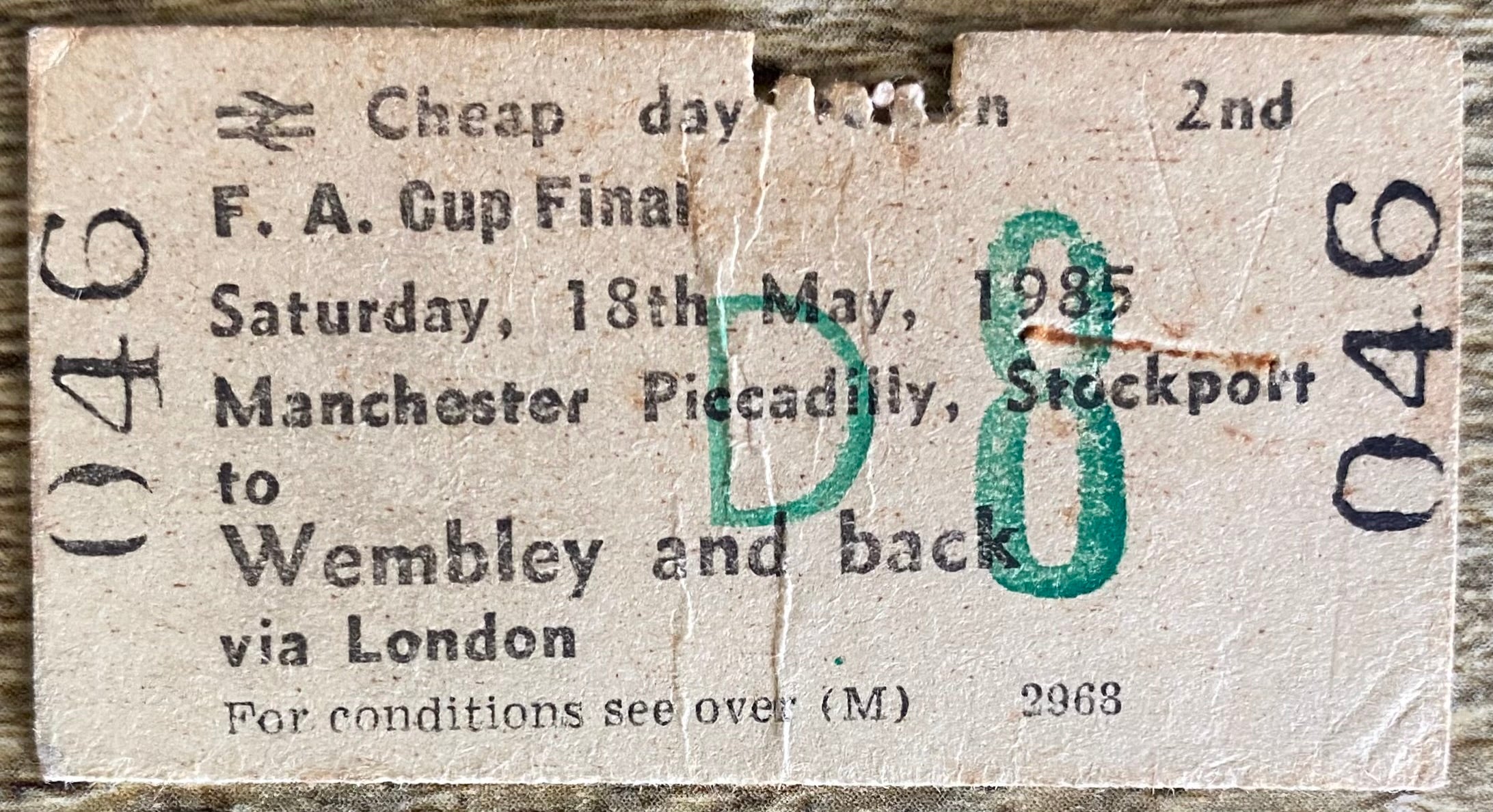 1985 ORIGINAL FOOTBALL SPECIAL BRITISH RAIL TRAIN TICKET MANCHESTER UNITED TRAVELLING TO FA CUP FINAL