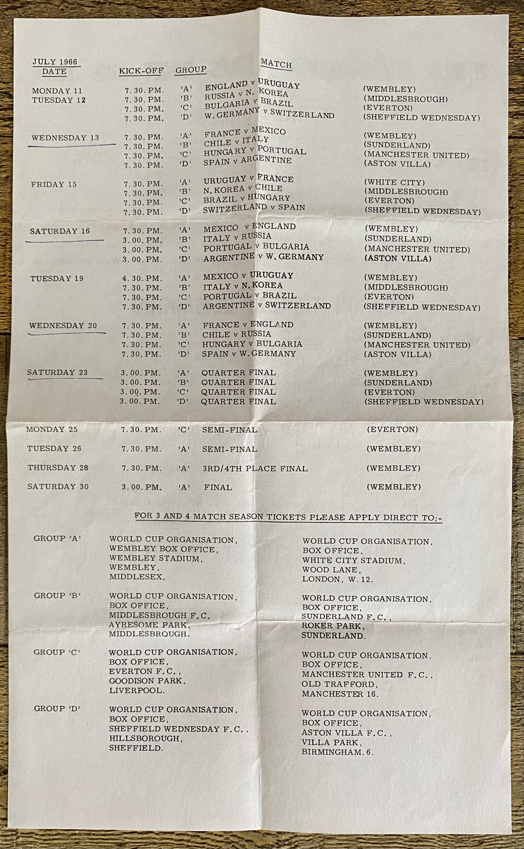 1966 WORLD CUP ORIGINAL OFFICIAL INFORMATION FOR TICKET SALES WINDOWS AND PRICING