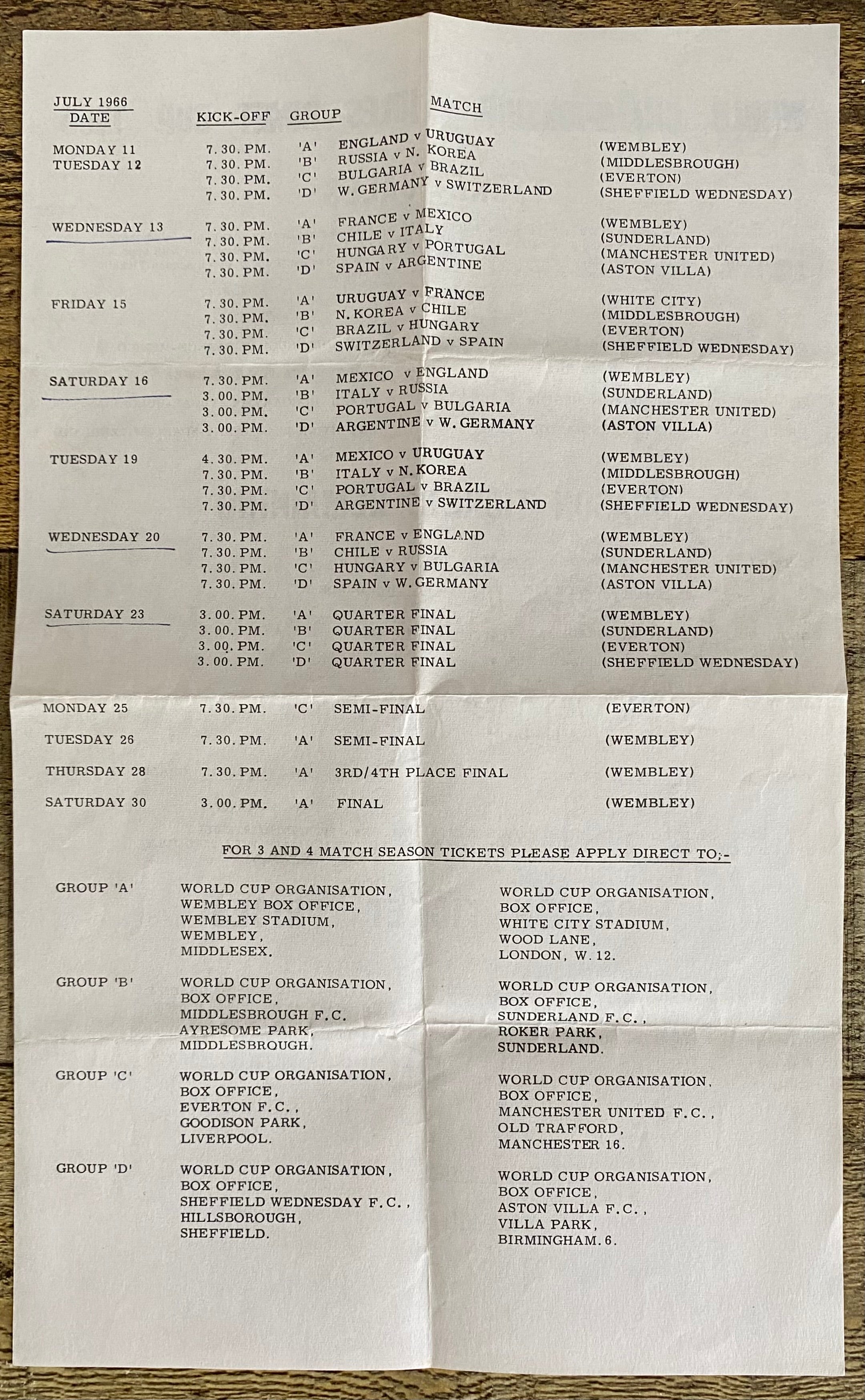 1966 WORLD CUP ORIGINAL OFFICIAL INFORMATION FOR TICKET SALES WINDOWS AND PRICING