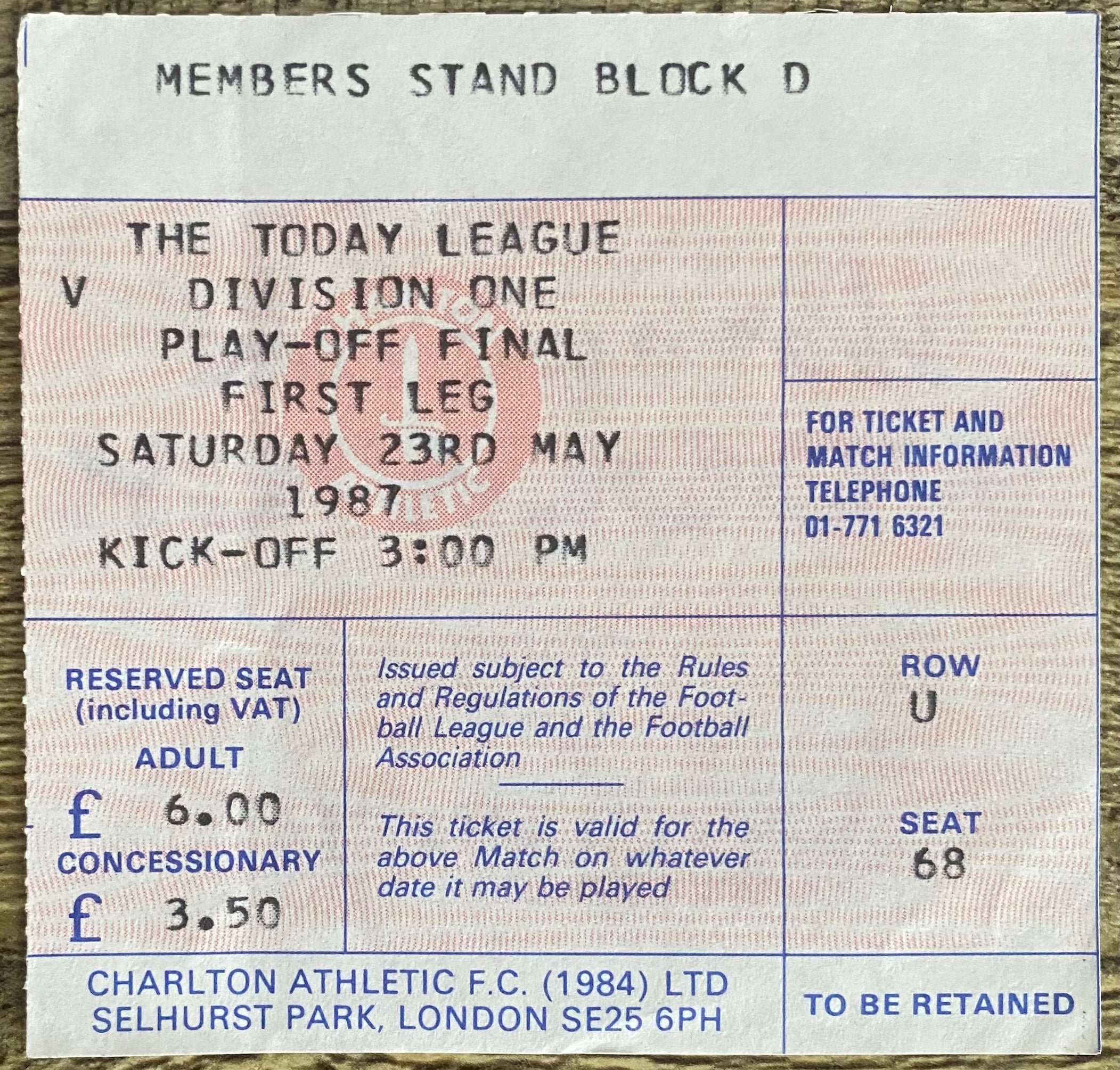 1986/87 ORIGINAL DIVISION 1 PLAY OFF FINAL 1ST LEG TICKET CHARLTON ATHLETIC V LEEDS UNITED