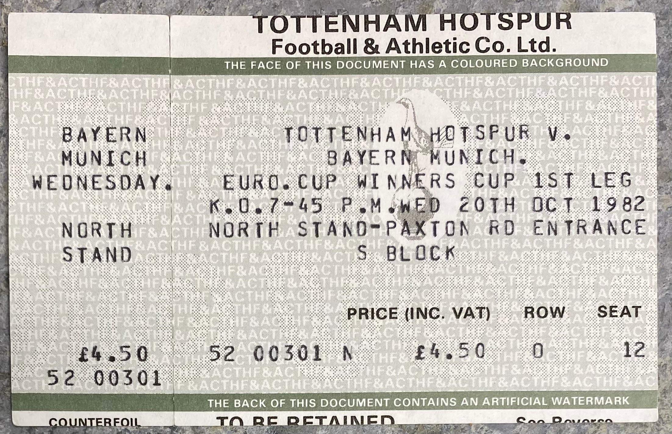 1982/83 ORIGINAL EUROPEAN CUP WINNERS CUP 2ND ROUND 1ST LEG UNUSED TICKET TOTTENHAM HOTSPUR V BAYERN MUNICH