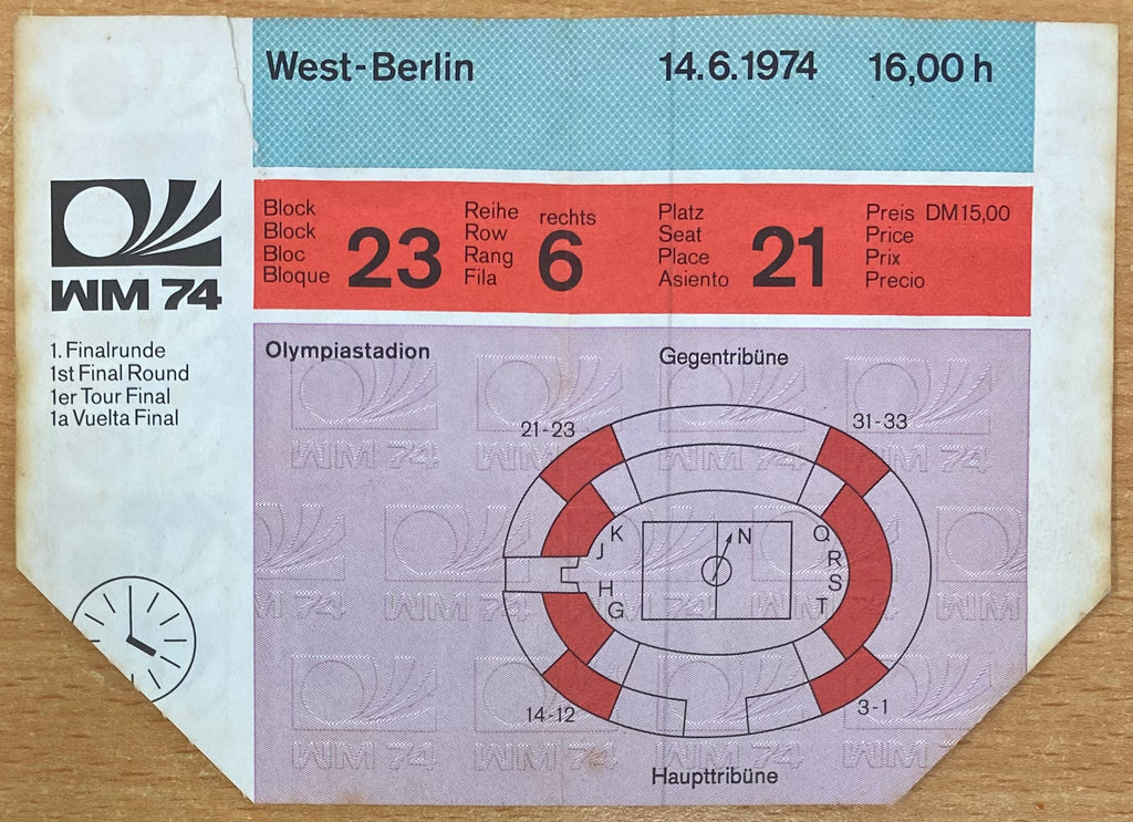 1974 ORIGINAL WORLD CUP 1ST ROUND TICKET WEST GERMANY V CHILE @ WEST BERLIN
