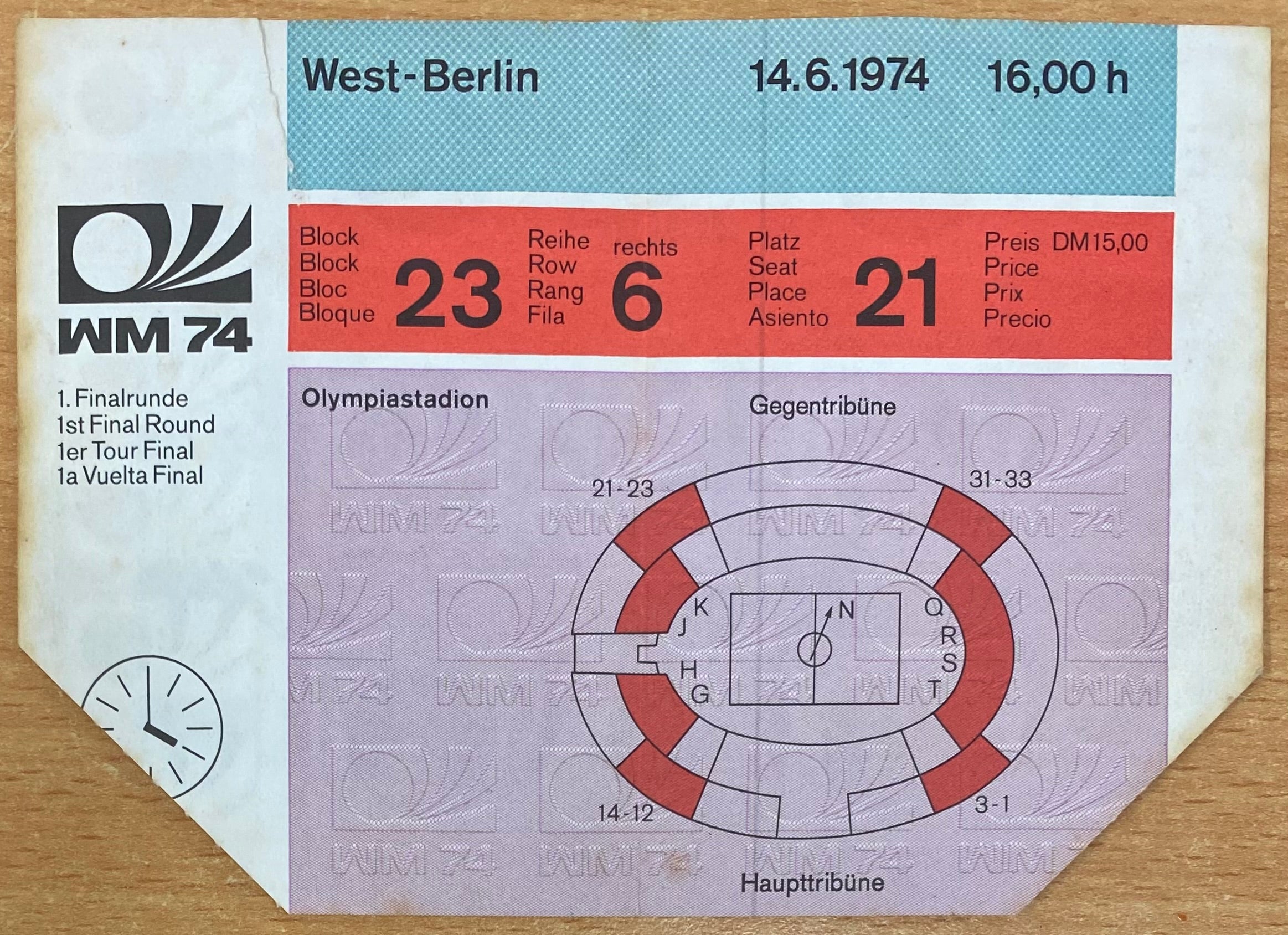 1974 ORIGINAL WORLD CUP 1ST ROUND TICKET WEST GERMANY V CHILE @ WEST BERLIN