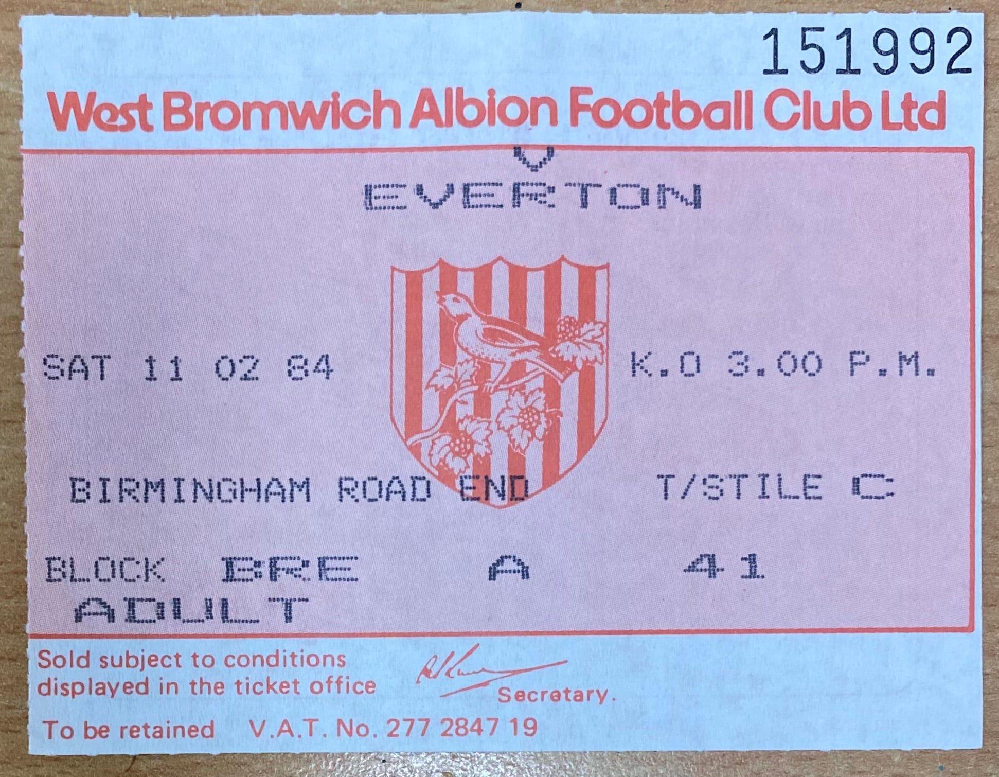 1983/84 ORIGINAL DIVISION 1 TICKET WEST BROMWICH ALBION V EVERTON