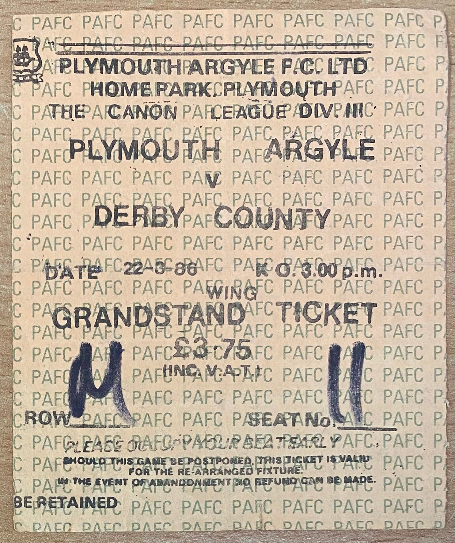 1985/86 ORIGINAL DIVISION 3 TICKET PLYMOUTH ARGYLE V DERBY COUNTY