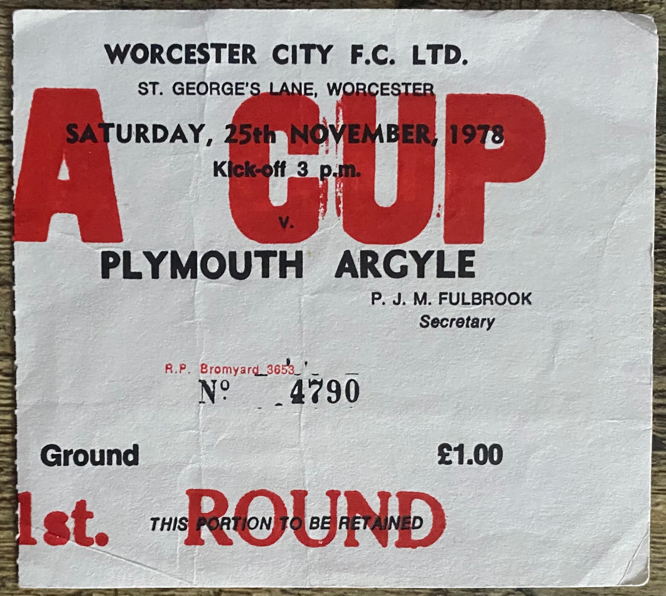 1978/79 ORIGINAL FA CUP 1ST ROUND TICKET WORCESTER CITY V PLYMOUTH ARGYLE