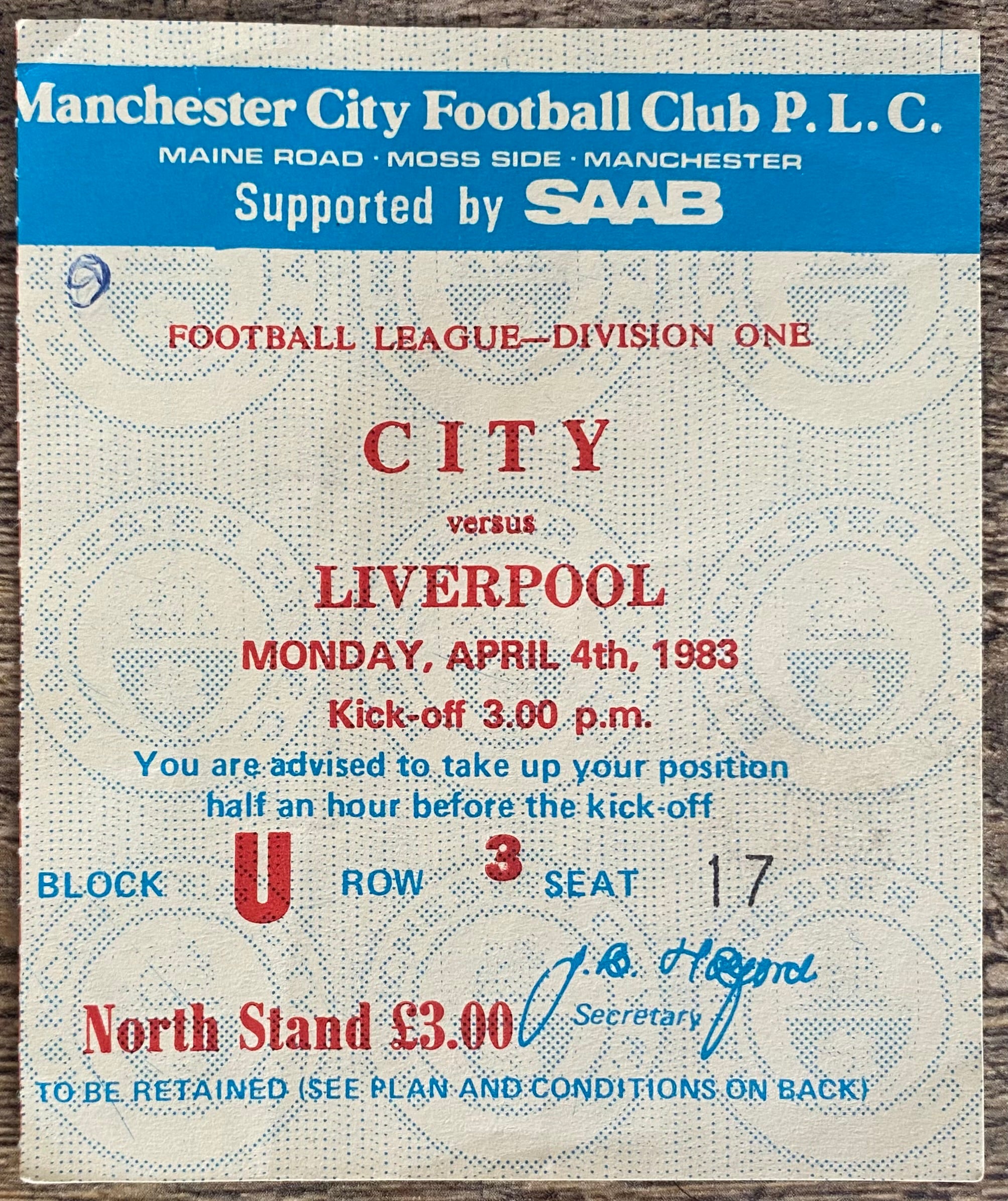 1982/83 ORIGINAL DIVISION ONE TICKET MANCHESTER CITY V LIVERPOOL