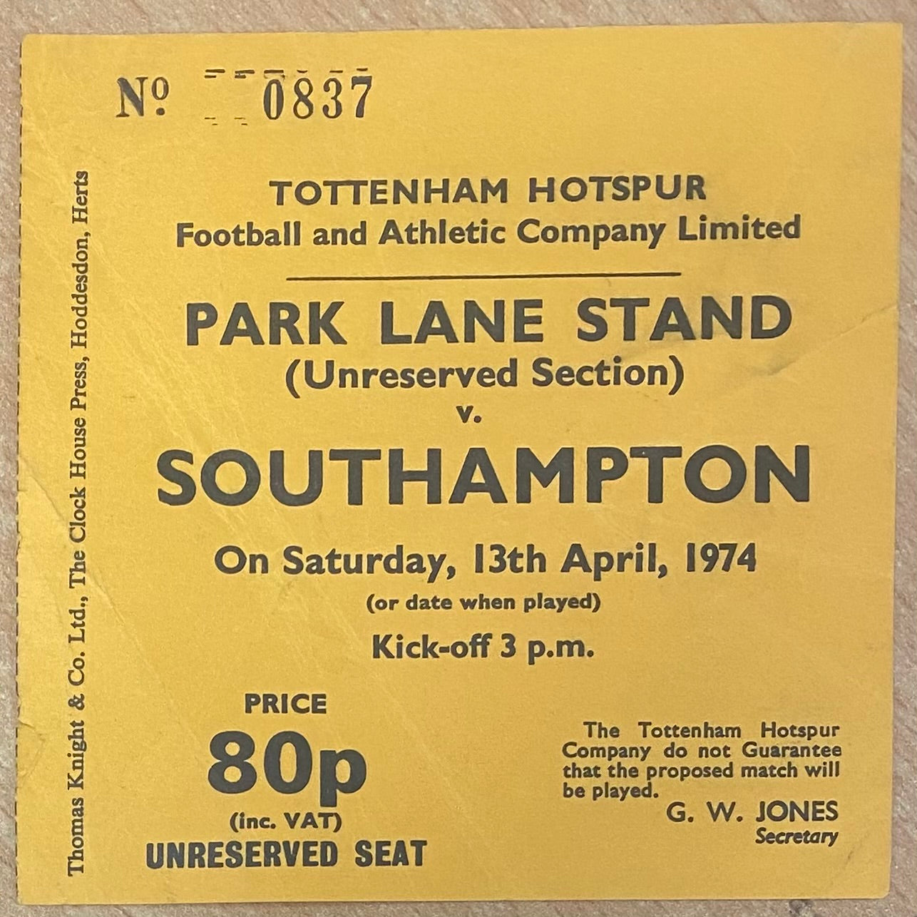 1973/74 ORIGINAL DIVISION ONE TICKET TOTTENHAM HOTSPUR V SOUTHAMPTON
