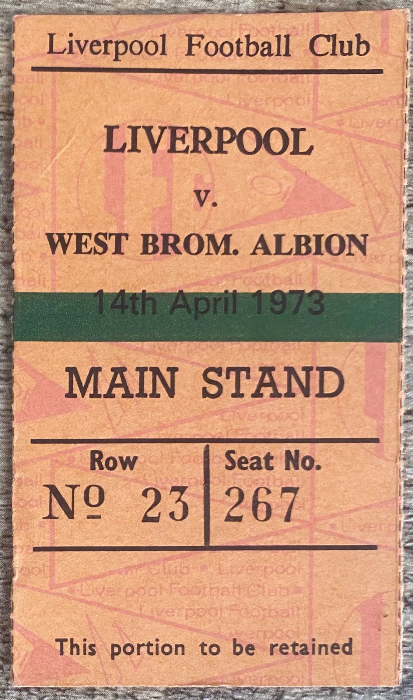 1972/73 ORIGINAL DIVISION ONE TICKET LIVERPOOL V WEST BROMWICH ALBION