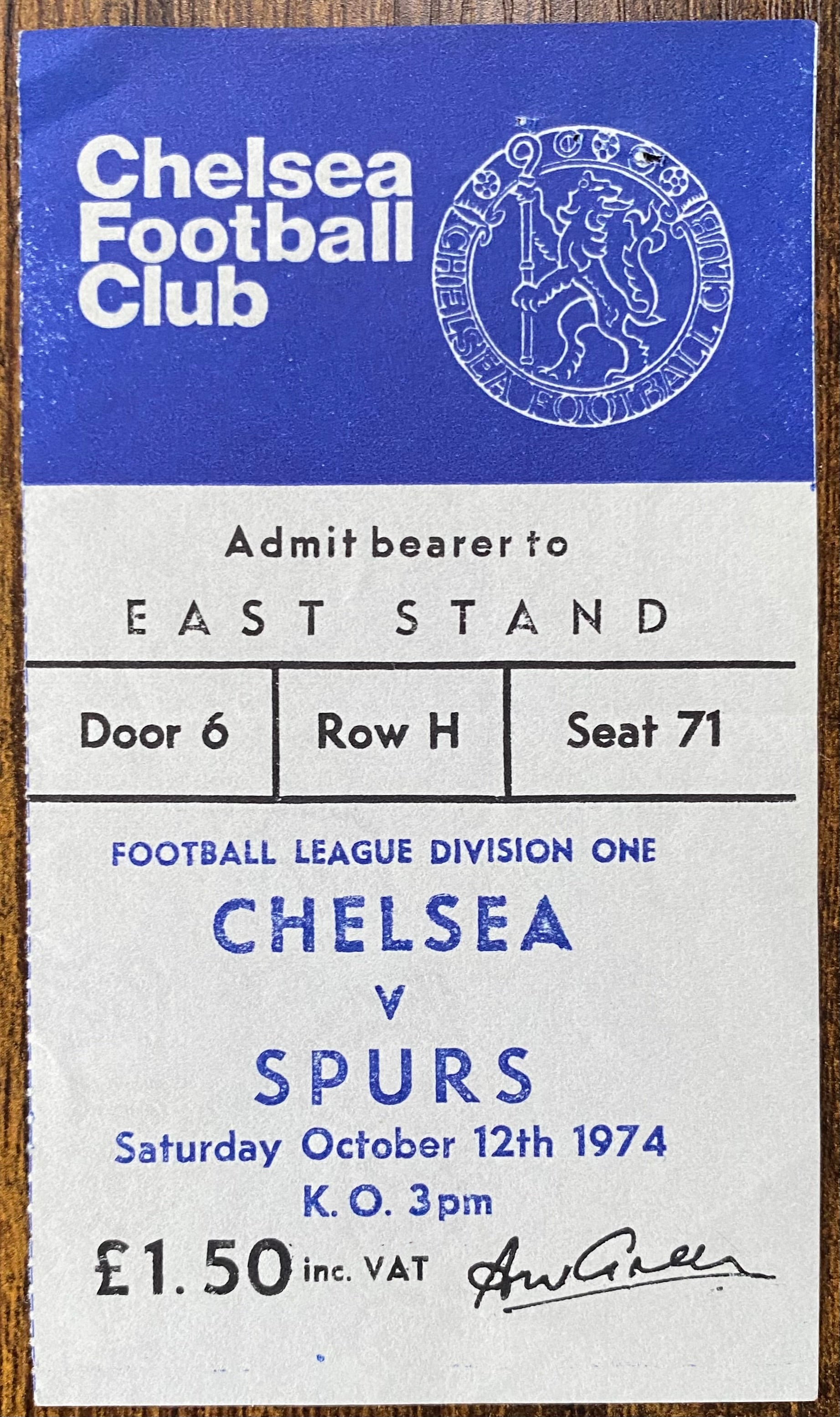 1974/75 ORIGINAL DIVISION 1 TICKET CHELSEA V TOTTENHAM HOTSPUR