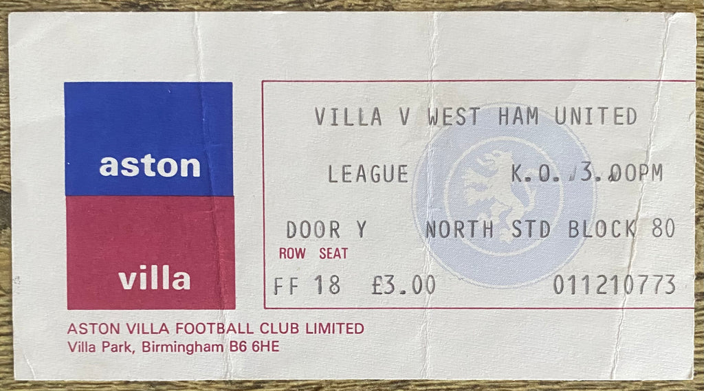 1981/82 ORIGINAL DIVISION 1 TICKET ASTON VILLA V WEST HAM UNITED