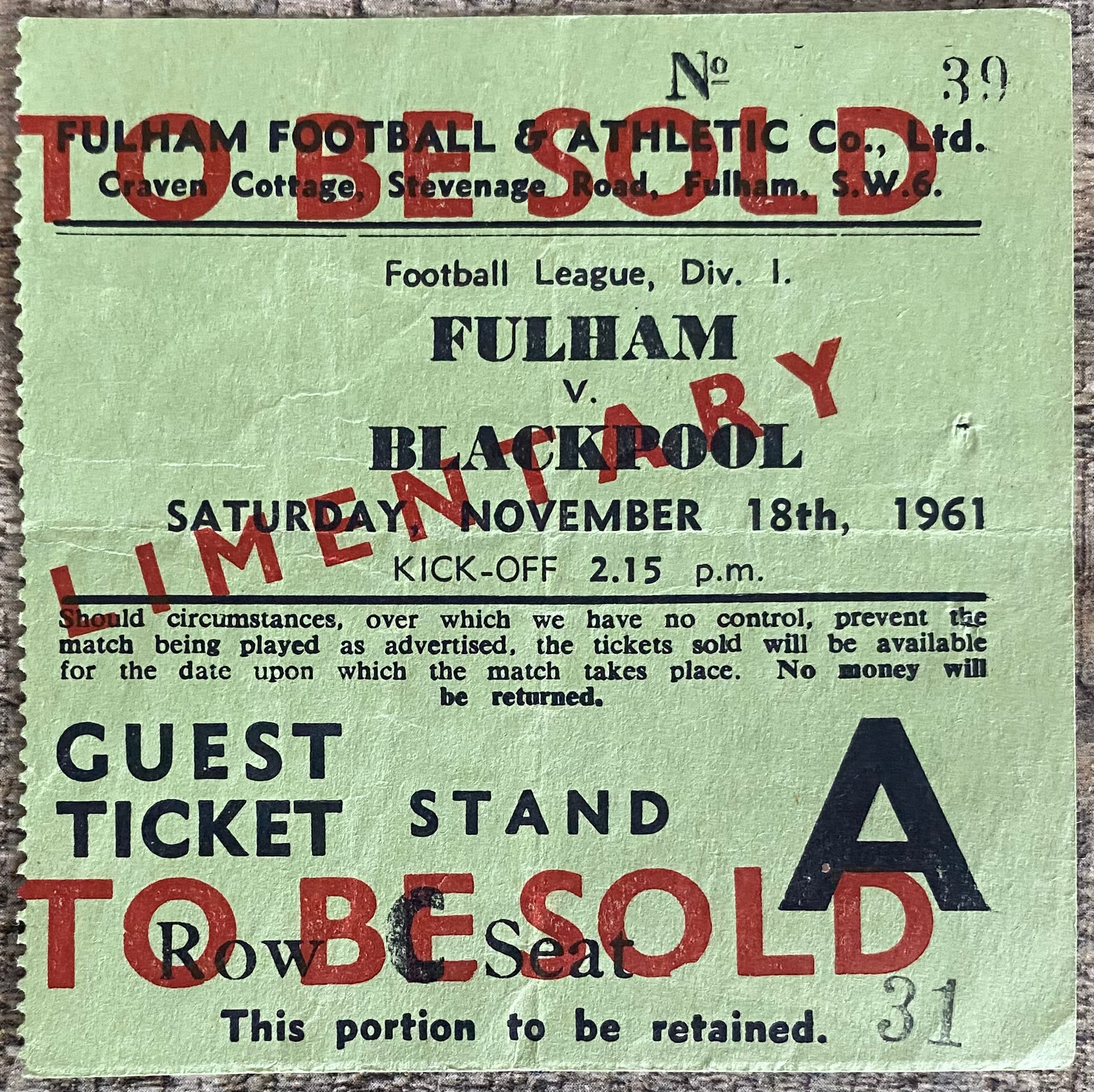 1961/62 ORIGINAL DIVISION 1 TICKET FULHAM V BLACKPOOL