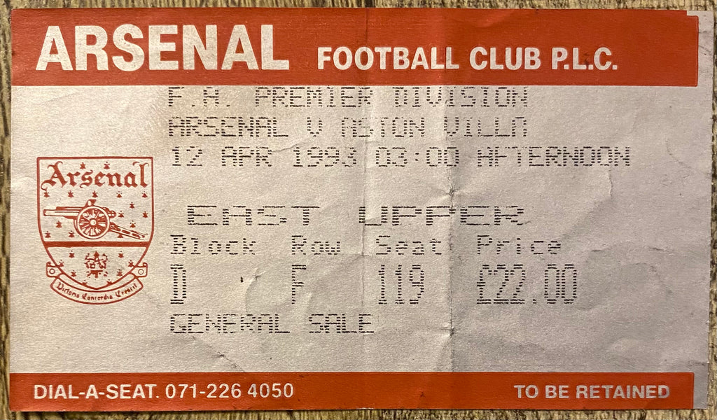 1992/93  ORIGINAL PREMIER LEAGUE TICKET ARSENAL V ASTON VILLA